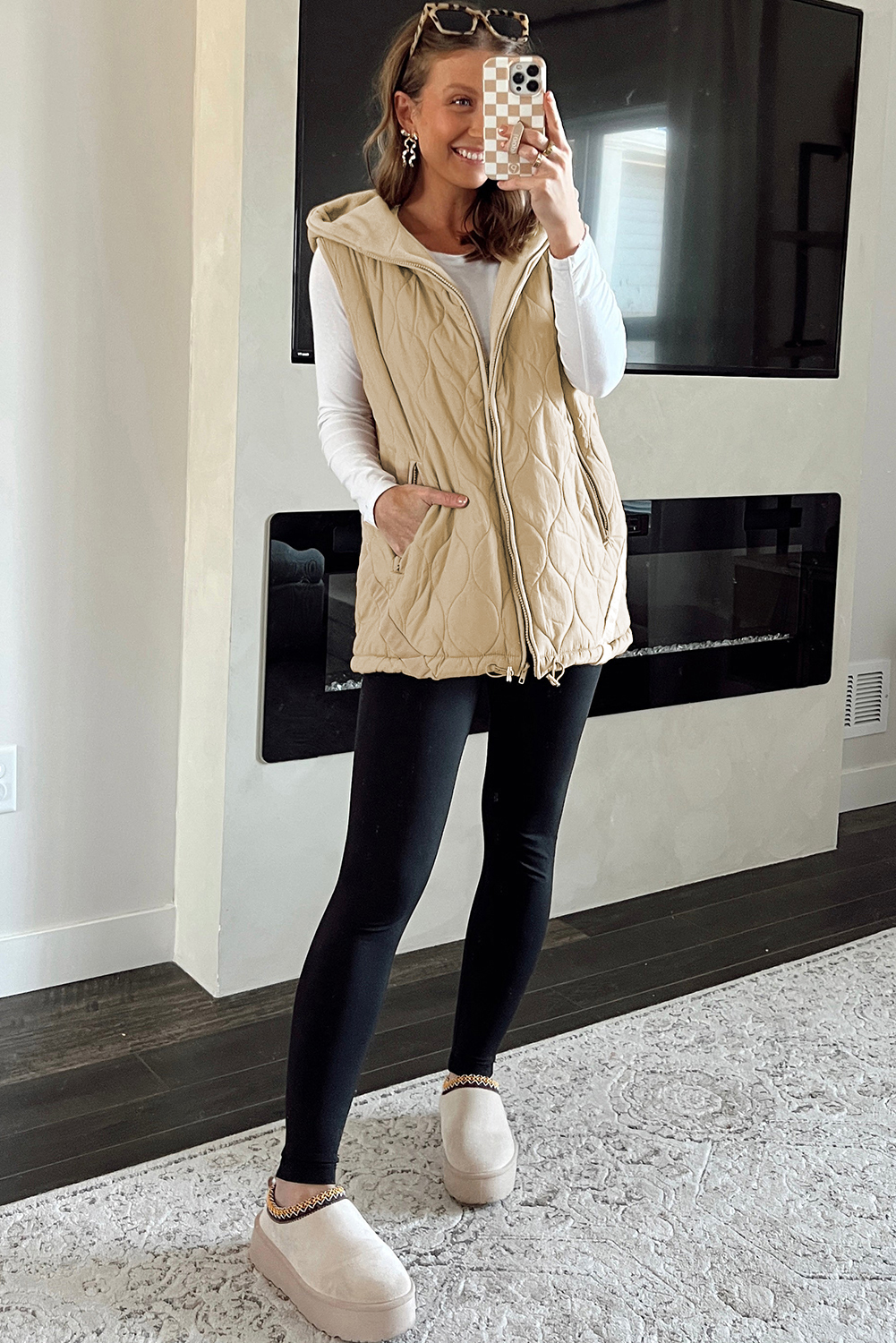 Pale Khaki Quilted Padded Casual Winter Jacket Vest with Fleece Lining - loveforevers