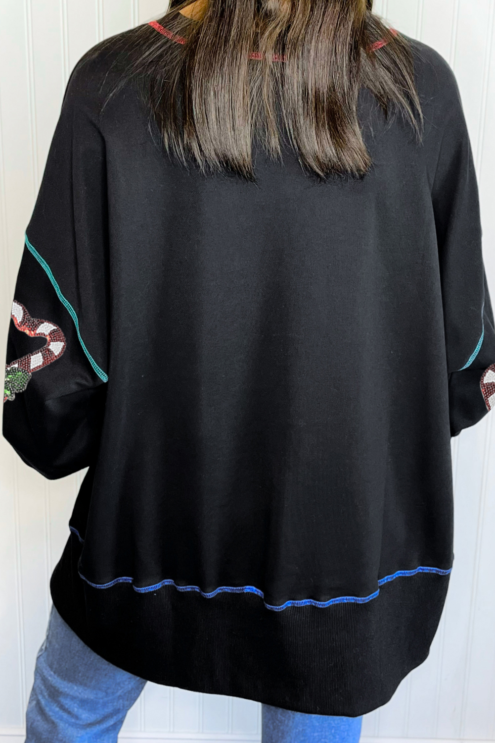 Black Christmas Candy Cane Heart Sequin Patch Graphic Contrast Seam Baggy Sweatshirt - loveforevers