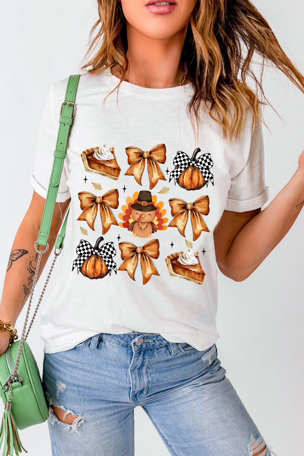 White Cute Bowknot Tanksgiving Graphic Crewneck T Shirt - loveforevers