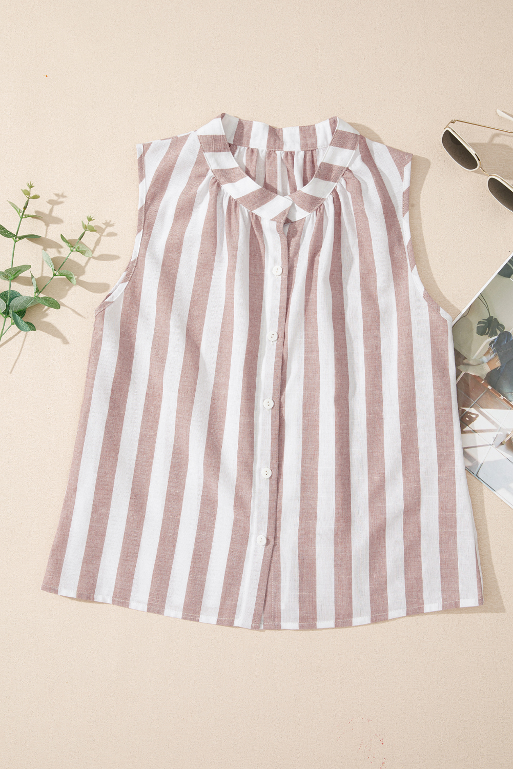 Khaki Stripe Casual Button Down Sleeveless Shirt - loveforevers