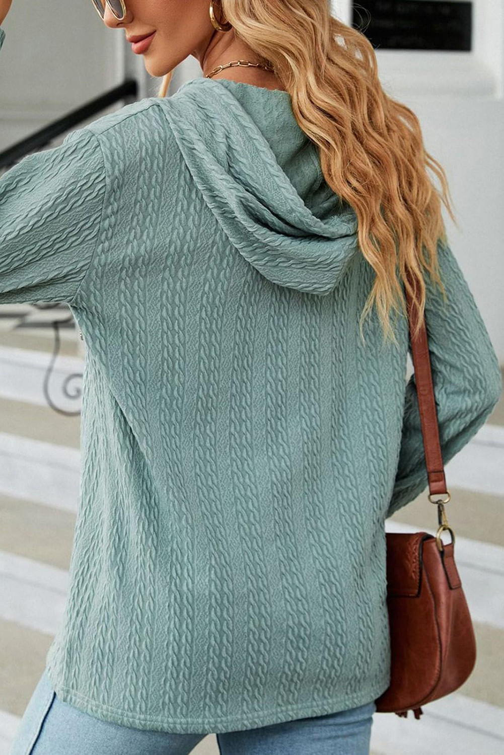 Mint Green Button Front Textured Drawstring Hooded Long Sleeve Top - loveforevers