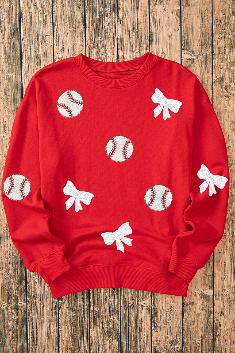 Red Sequin Baseball Bow Patched Pattern Game Day Pullover Sweatshirt - loveforevers