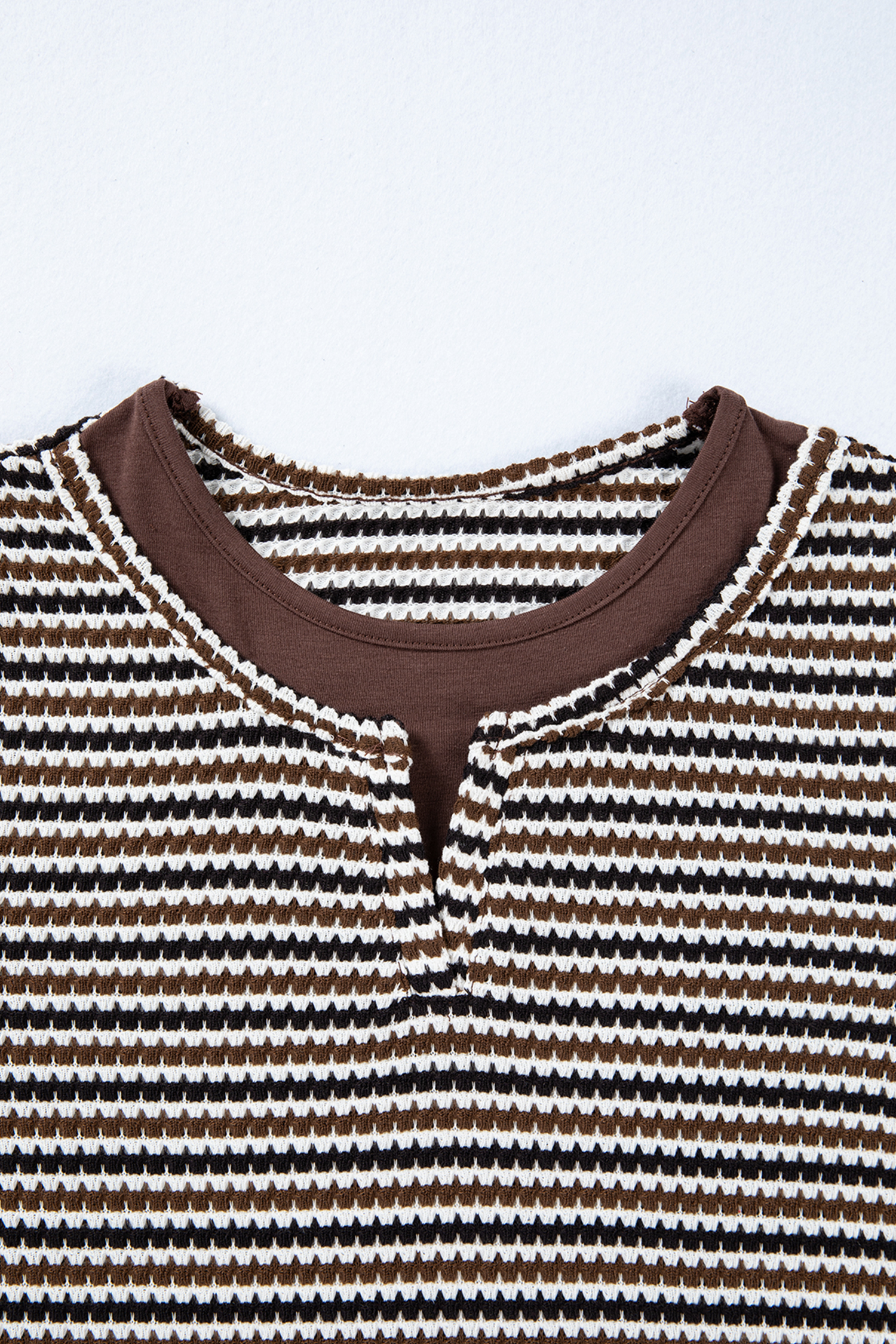 Brown Faux Two Piece Textured Striped Round Neck Long Sleeve T Shirt - loveforevers