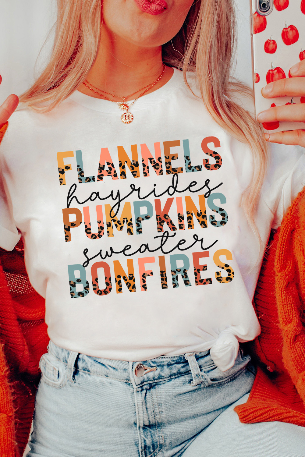 White FLANNELS PUMPKINS BONFIRES Chic Letter Graphic Tee - loveforevers