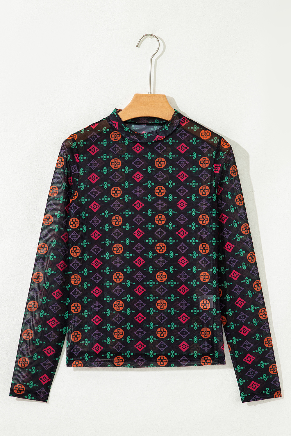 Black Western Aztec Printed Long Sleeve Mesh Top - loveforevers