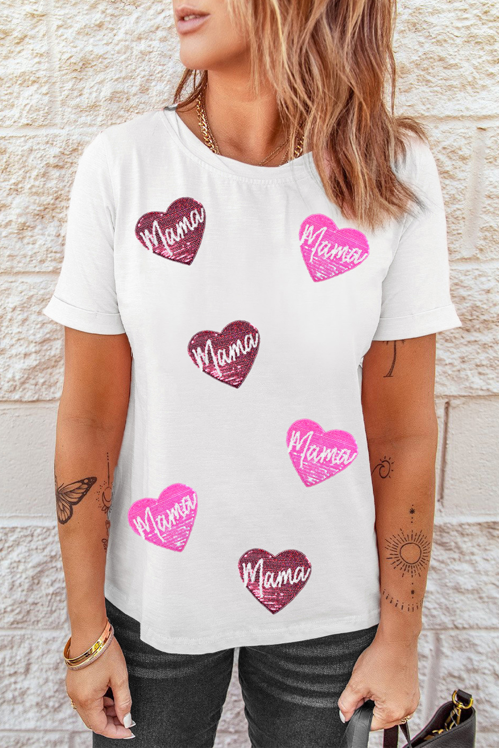 White mama Heart Shape Sequin Patched Crew Neck T Shirt - loveforevers