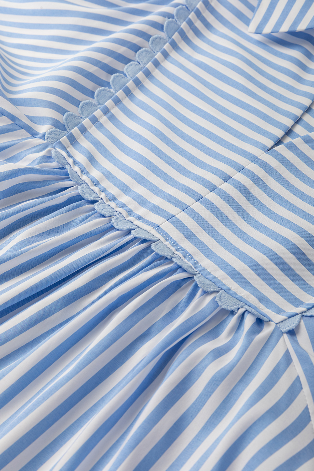 Sky Blue Stripe Shirt Collar V Neck Ricrac Trim 3/4 Puff Sleeve Blouse - loveforevers