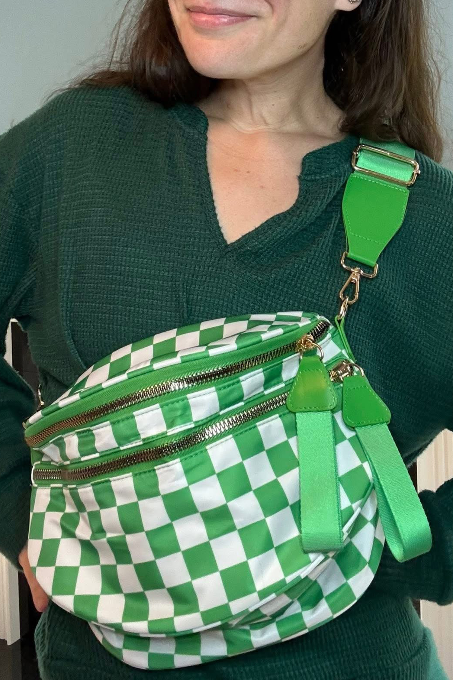 Jungle Green Double Zip Crescent Shape Adjustable Sling Bag - loveforevers
