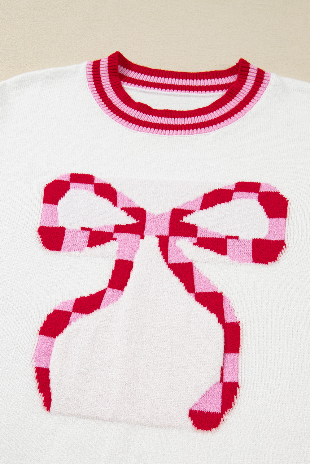 White Striped Trim Bow Graphic Round Neck Drop Shoulder Sweater - loveforevers