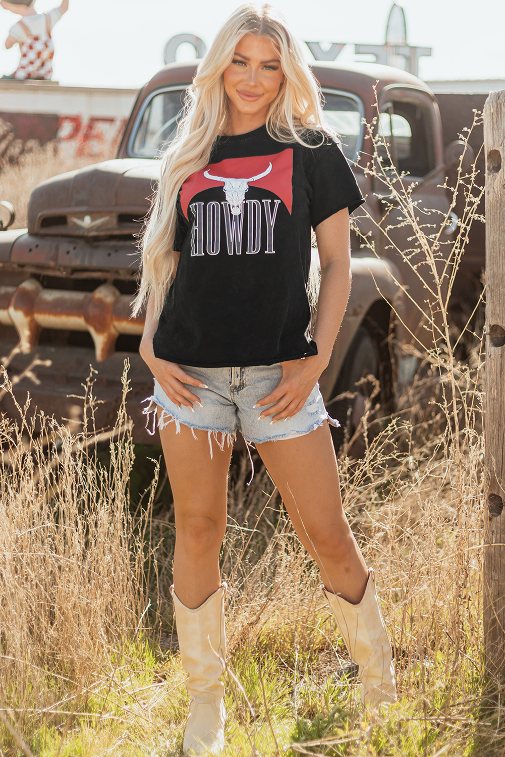 Black Western HOWDY Steer Head Print Side Slits Loose Fit T Shirt - loveforevers
