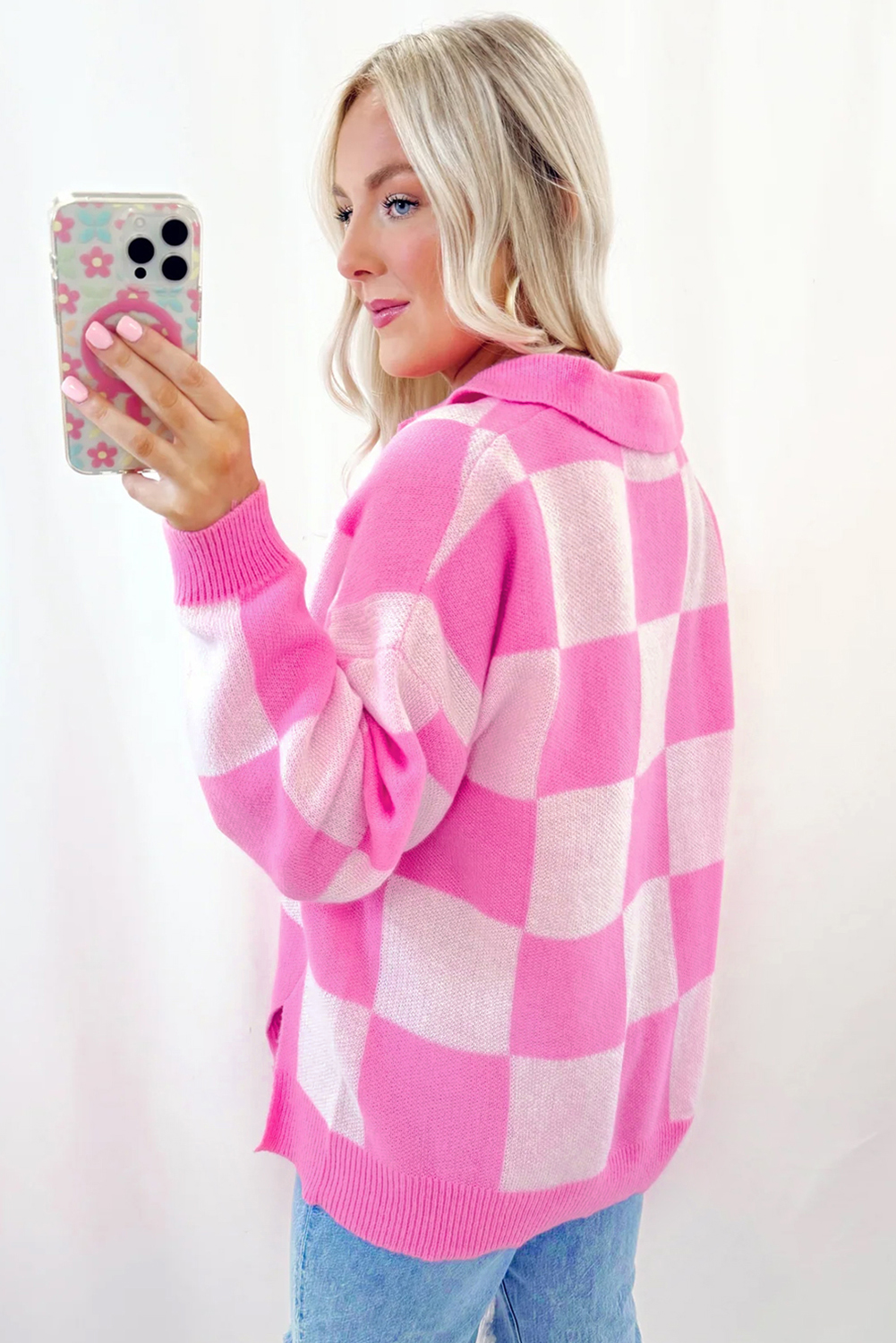 Pink Checkerboard Half Button Collared Drop Shoulder Sweater - loveforevers