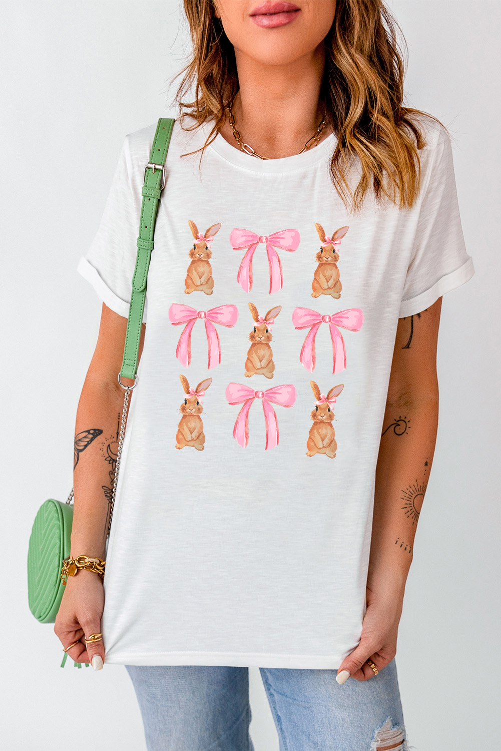 White Rabbit Bow Knot Print Crew Neck T Shirt - loveforevers