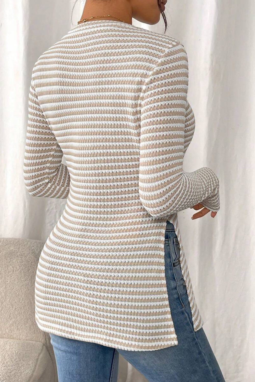 Jet Stream Striped Knit Side Slit Slim Round Neck Tunic Top - loveforevers