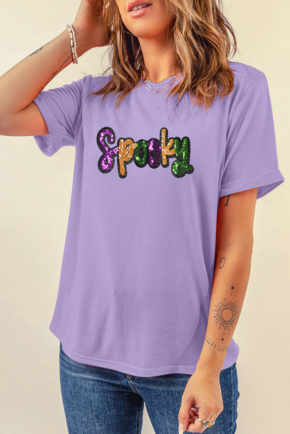 Wisteria Spooky Sequin Letter Patched Cotton Blend T Shirt - loveforevers