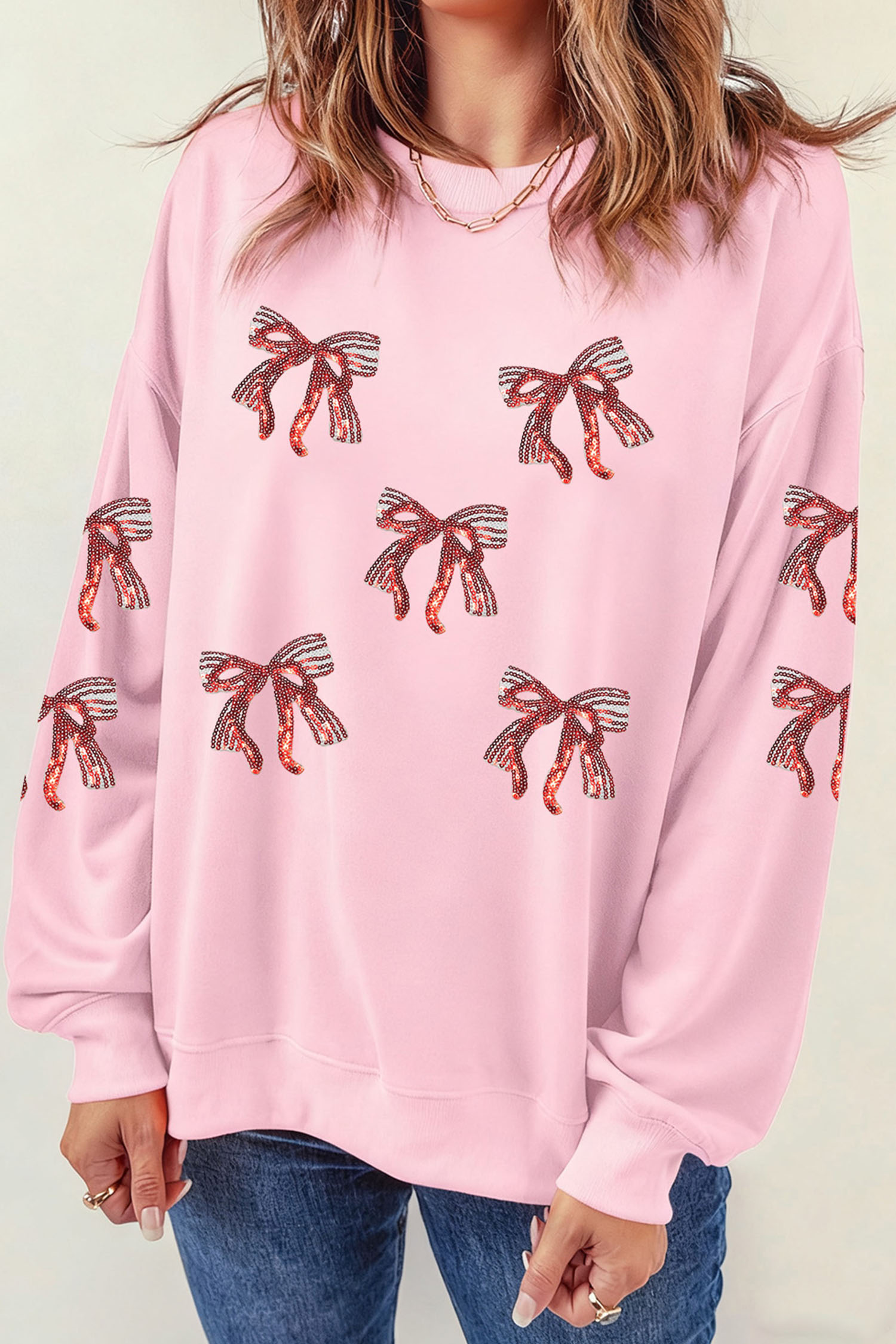Pink Sequined Bow Pattern Drop Shoulder Loose Sweatshirt - loveforevers