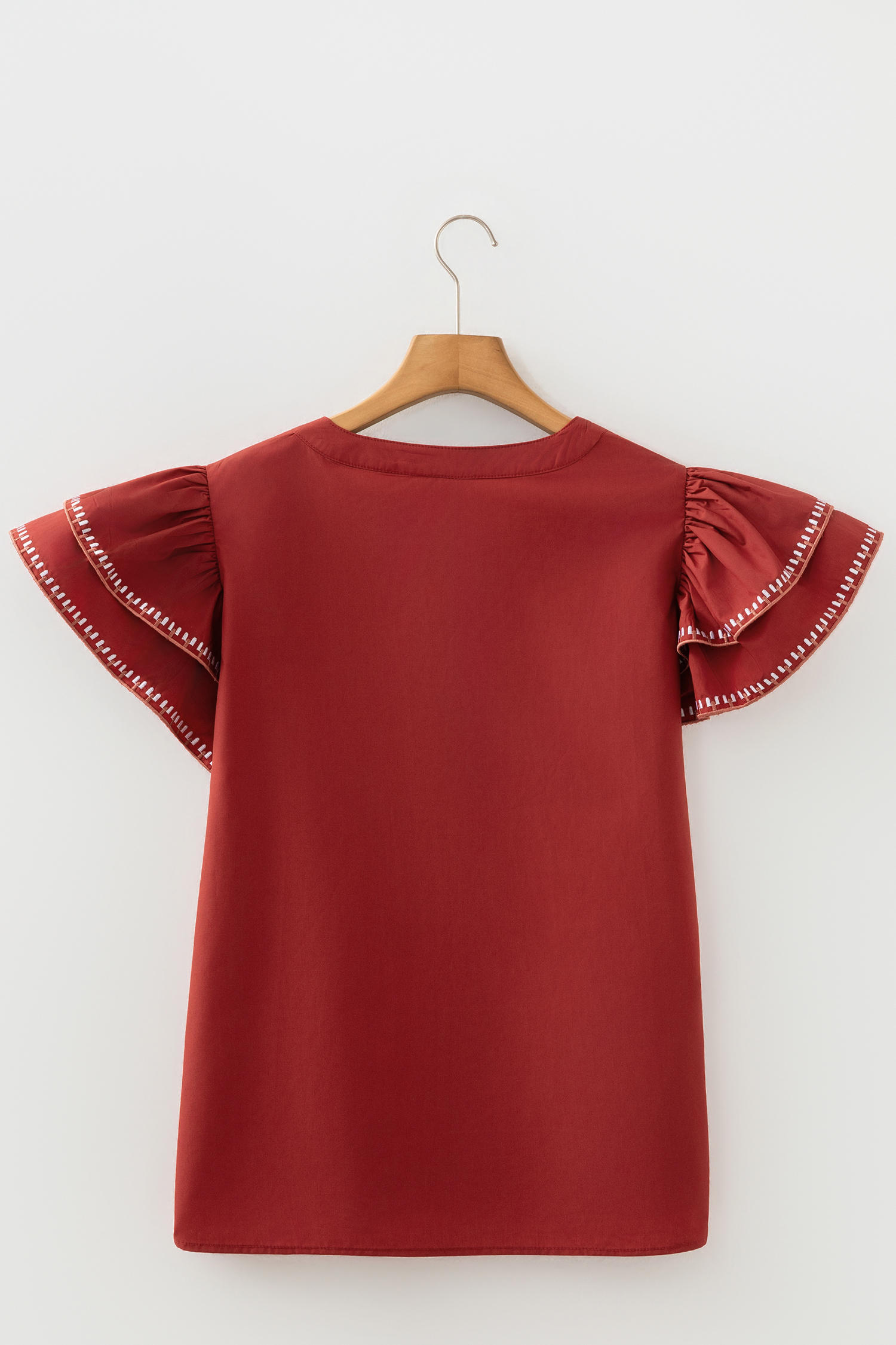 Clay Contrast Trim Flutter Sleeve V Neck Blouse - loveforevers
