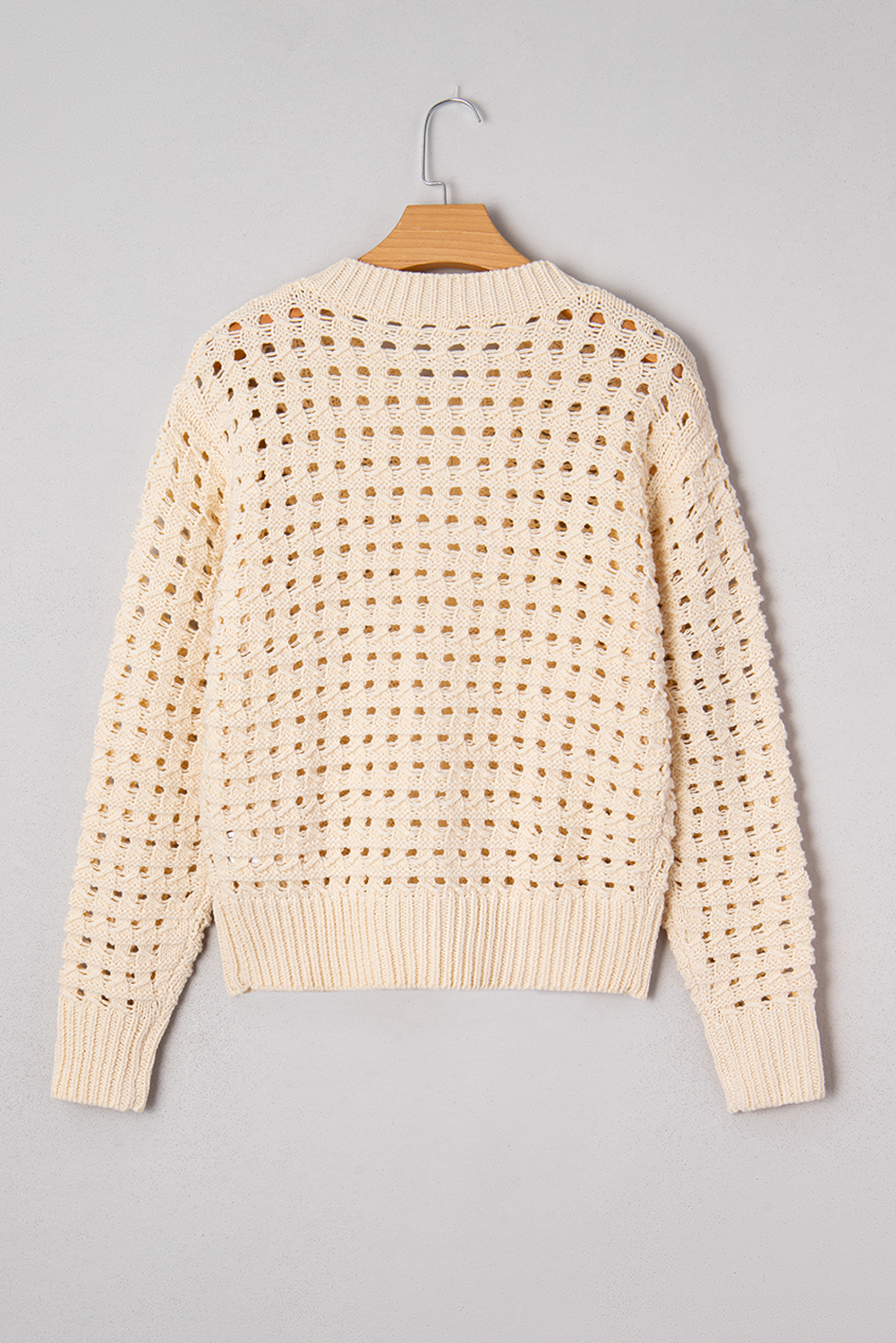Beige Hollowed Pattern Knit Zip Up Drop Shoulder Sweater Cardigan - loveforevers