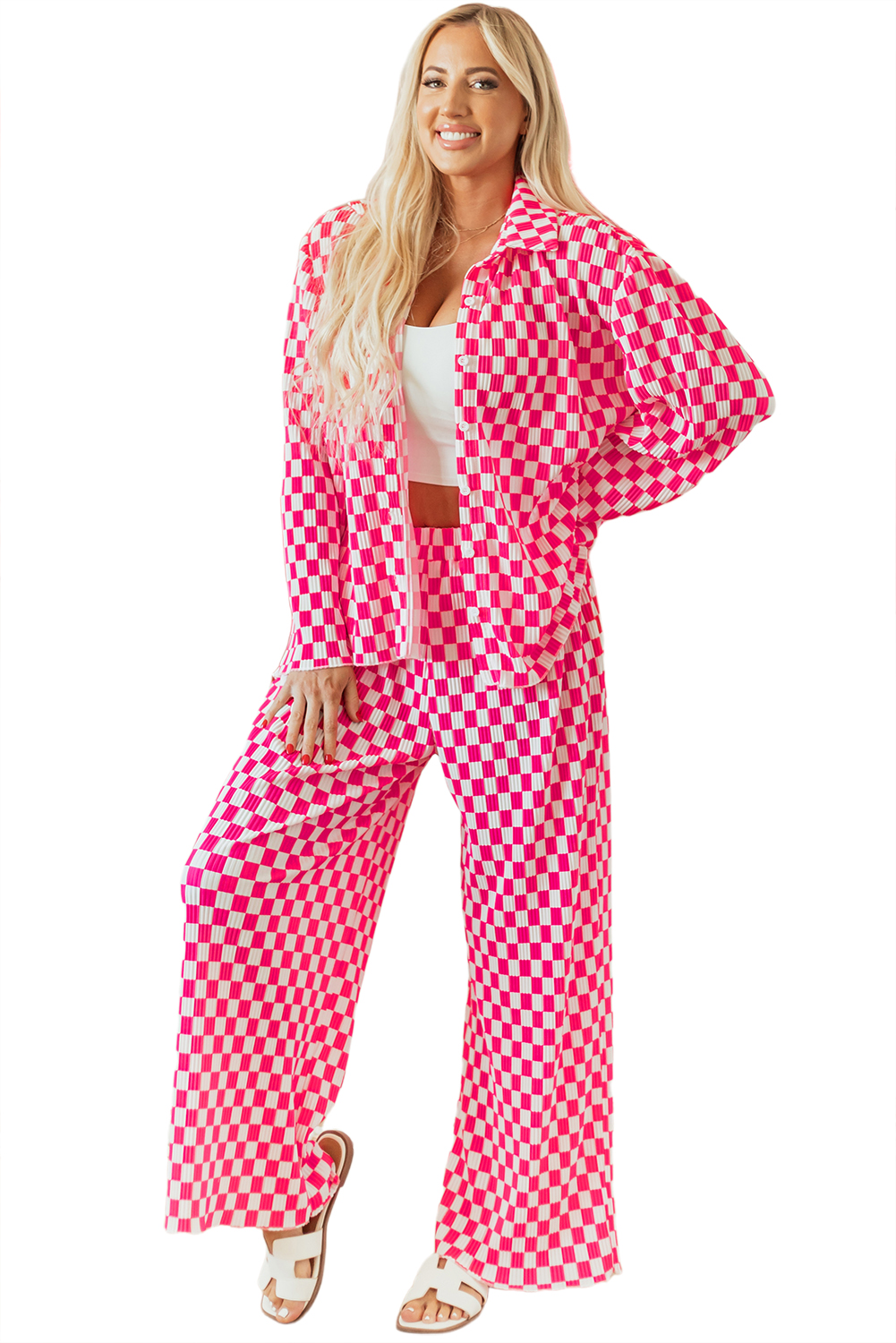 Pink Checkered Buttoned Shirt and High Waist Pants Pajama Set - loveforevers