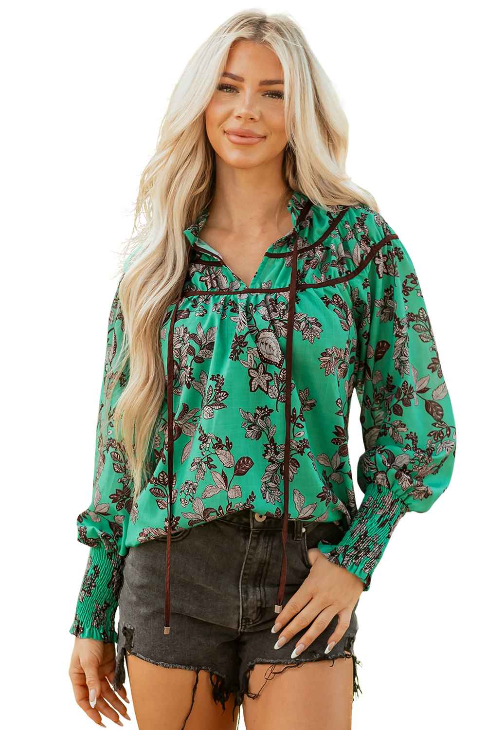 Green Leaves Print Contrast Trim V Neck Shirred Puff Sleeve Blouse - loveforevers