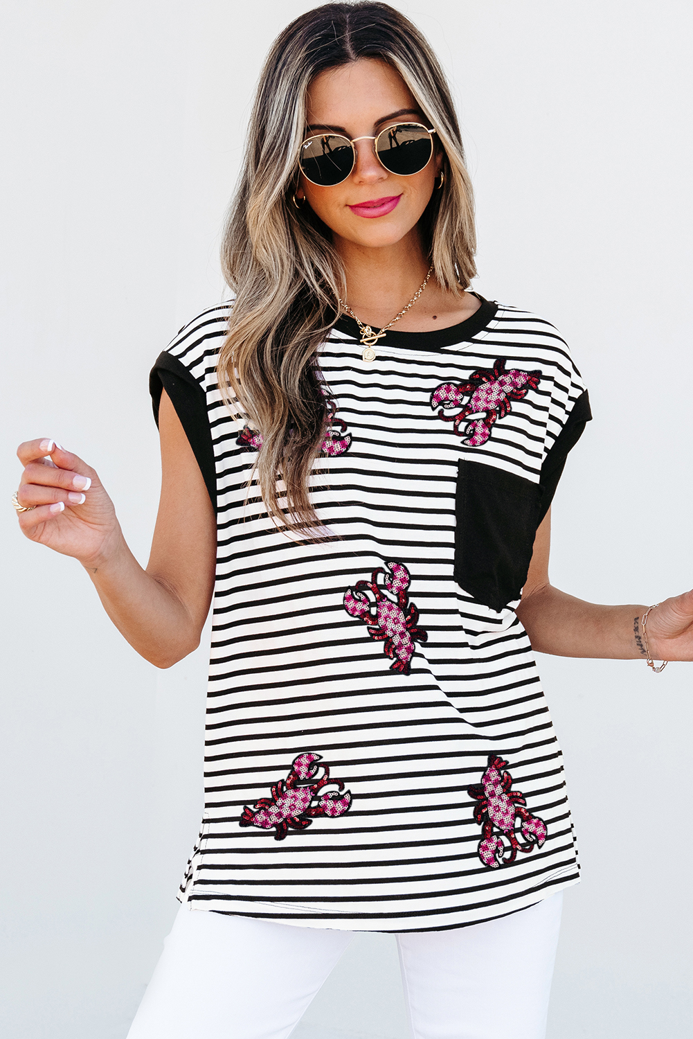 Black Stripe Sequined Lobster Patched Pocket Casual Tank Top - loveforevers