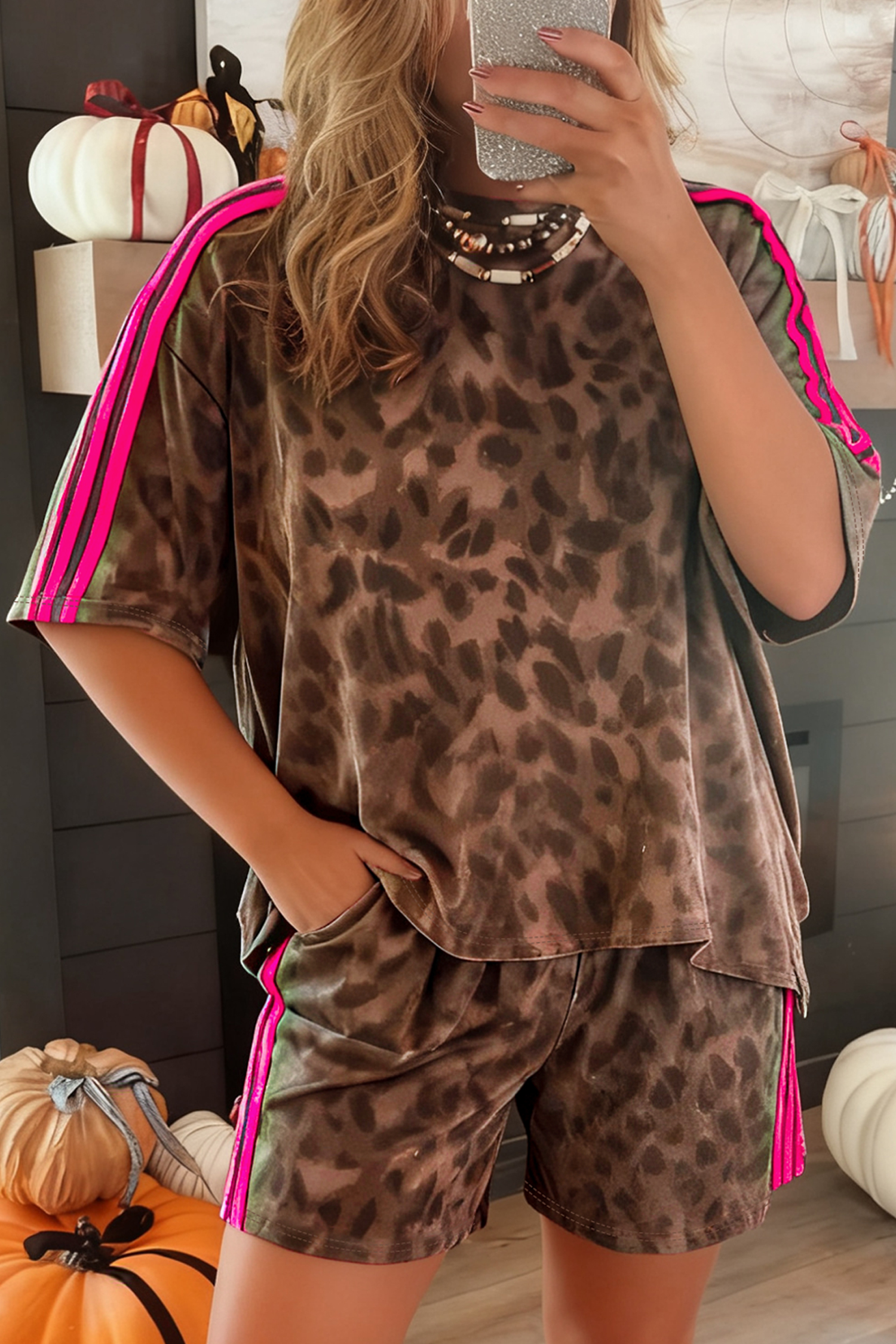 Brown Leopard Loose Tee Drawstring Waist Barrel Pants Set - loveforevers