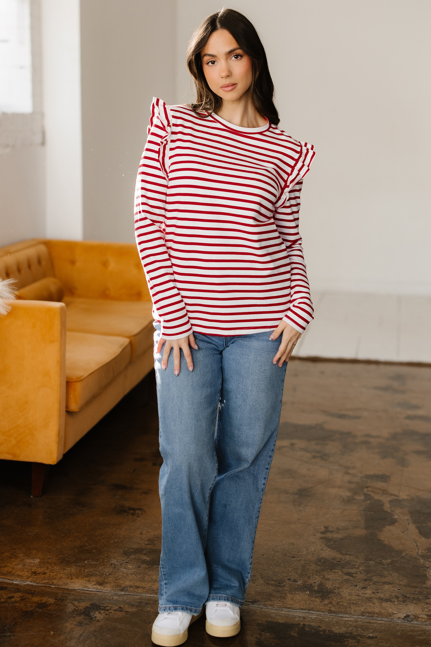 Red Stripe Round Neck Ruffle Trim Long Sleeve Top - loveforevers