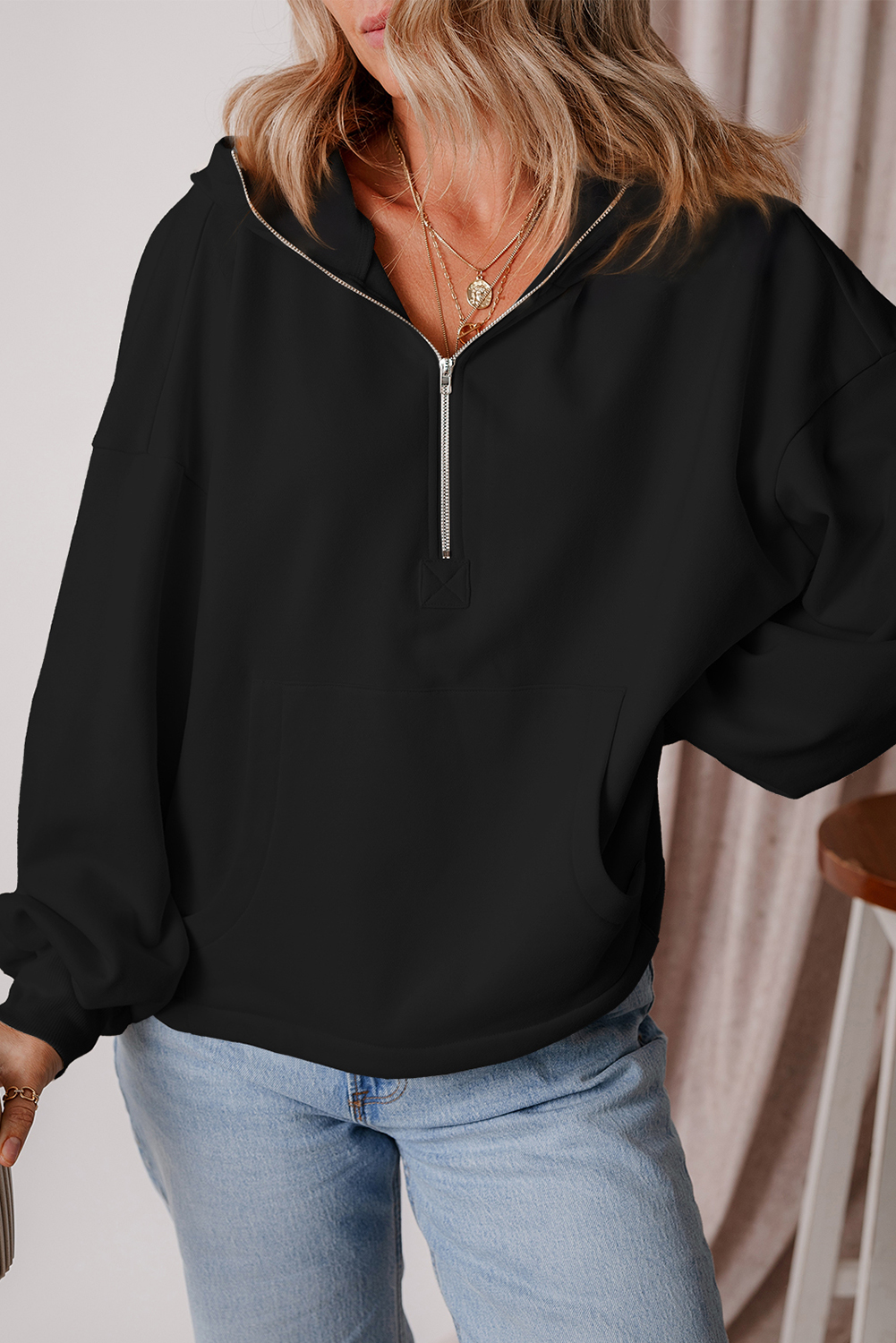 Bonbon Fleece Lined Half Zipper Kangaroo Pockets Loose Hoodie - loveforevers