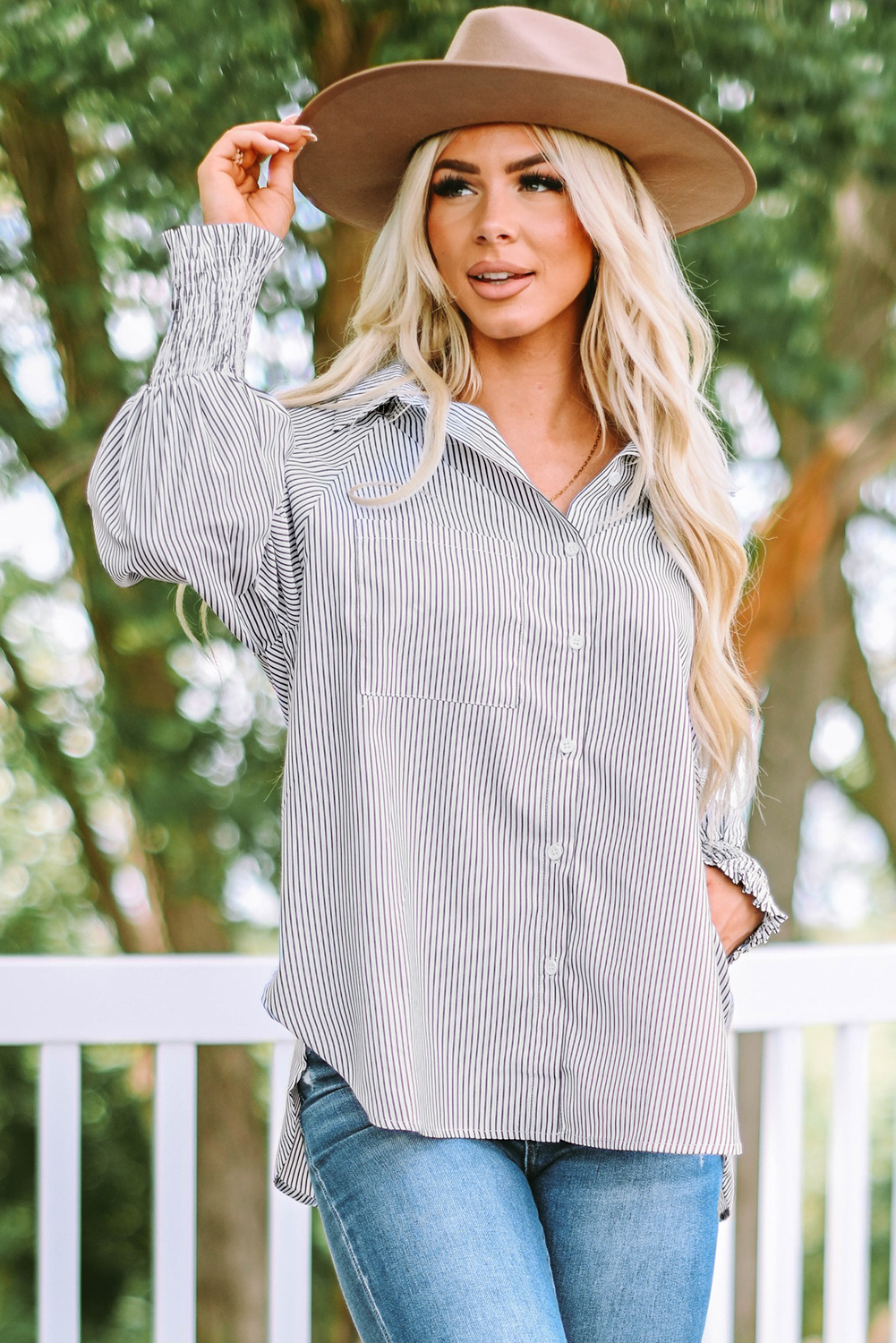 Red Stripe Smocked Cuffed Striped Boyfriend Shirt with Pocket - loveforevers
