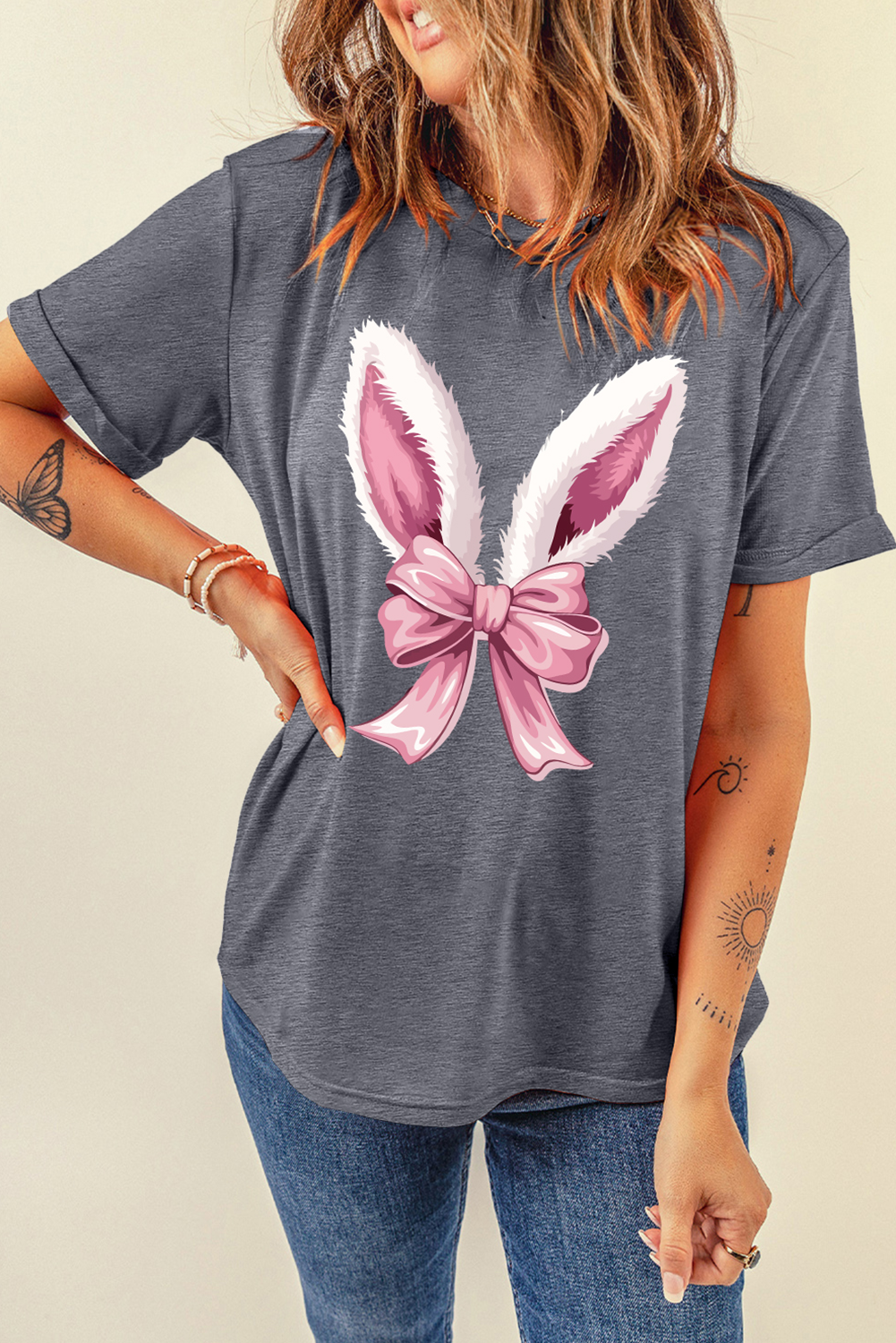 Gray Bunny Ear Bow Printed Easter Fashion T Shirt - loveforevers