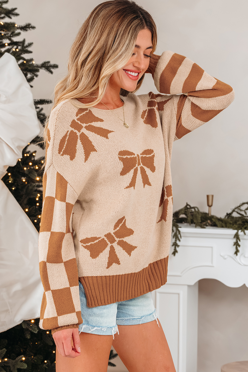 Straw Yellow Ribbon Bow Print Checkered Striped Sleeve Drop Shoulder Sweater - loveforevers