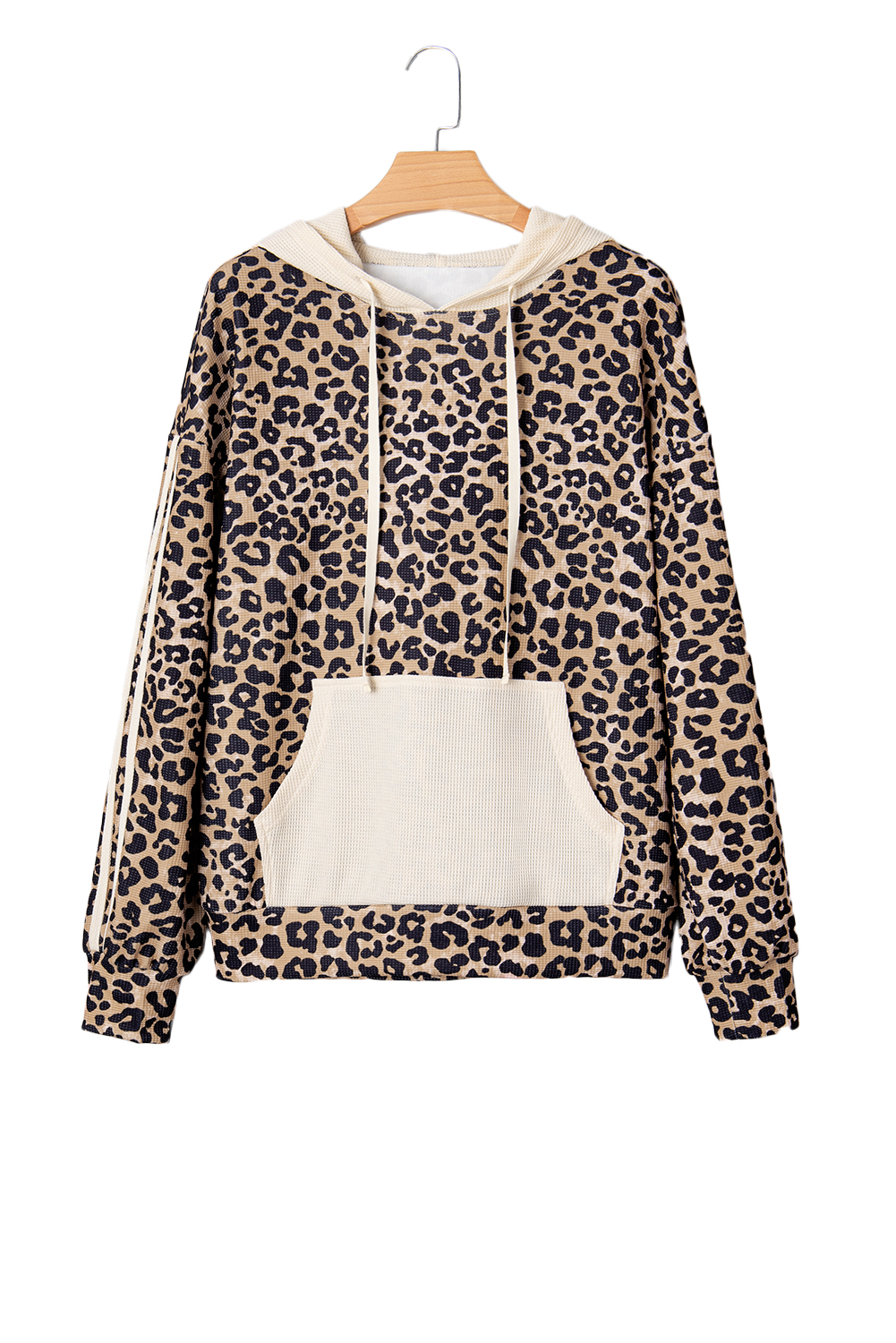 Leopard Print Waffle Contrast Kangaroo Pocket Hooded Sweatshirt - loveforevers