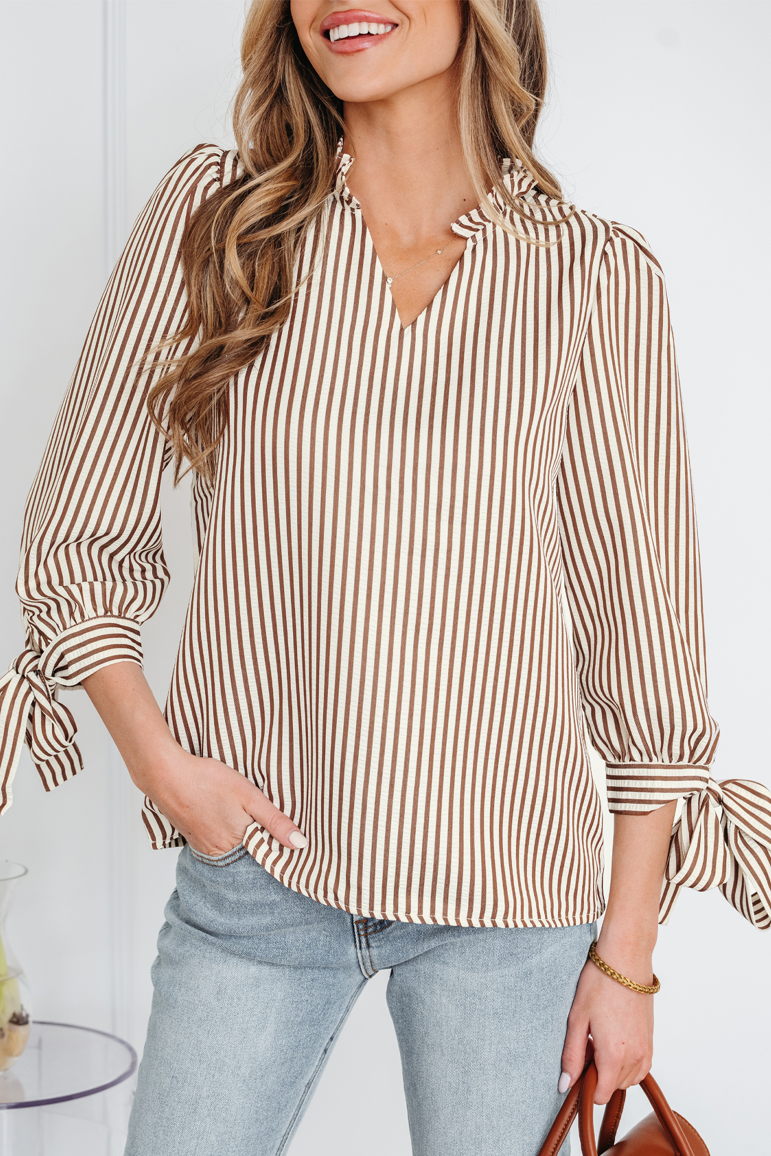 Straw Yellow Striped Print Tied Cuffs Split Neck Seersucker Blouse - loveforevers