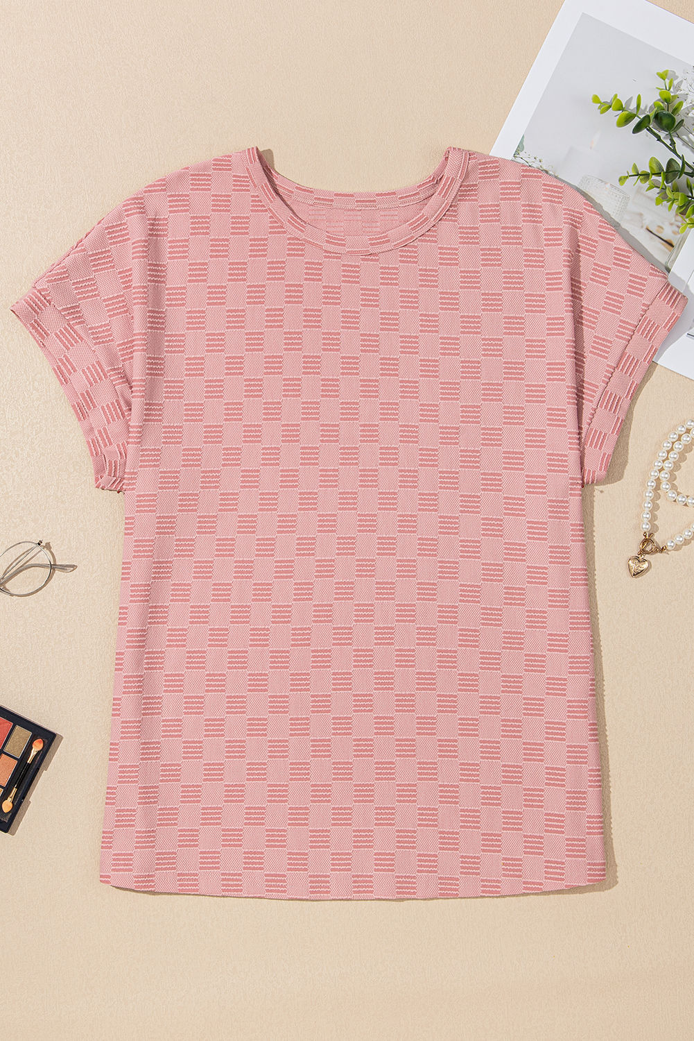 Apricot Pink Checkered Textured Round Neck T-shirt - loveforevers