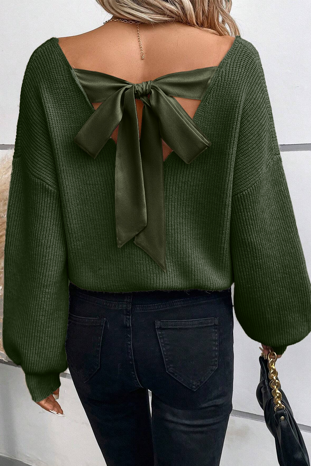 Racing Red Lantern Sleeve V Neck Knot Back Sweater - loveforevers