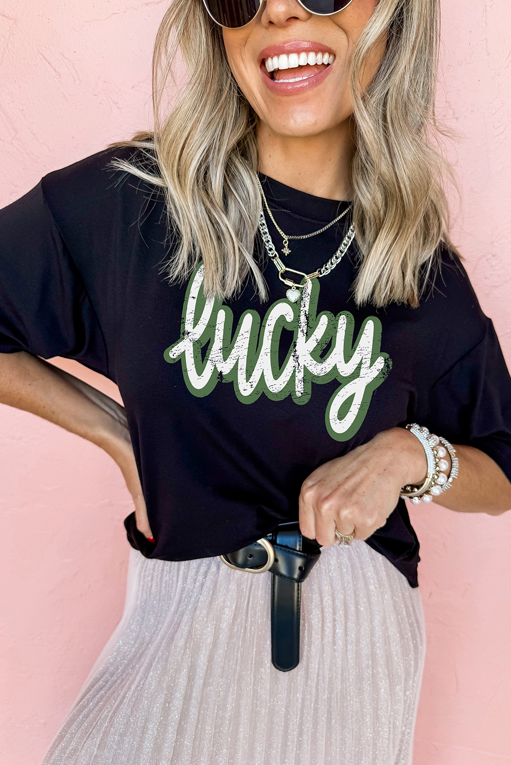 Black St Patricks Day lucky Cracked Letter Graphic T Shirt - loveforevers