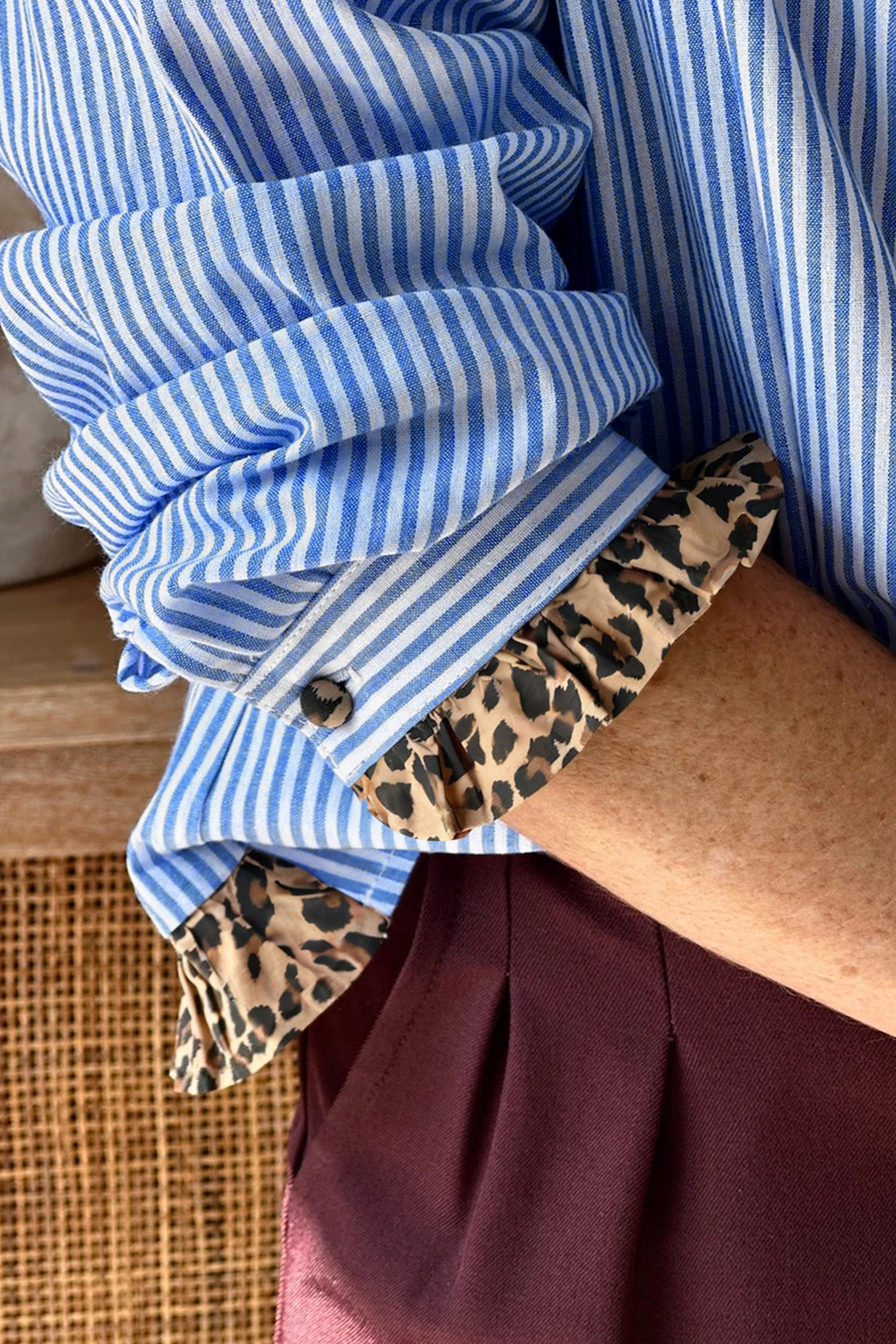 Sky Blue Stripe Contrast Frilled Leopard Trim Casual Long Sleeve Shirt - loveforevers