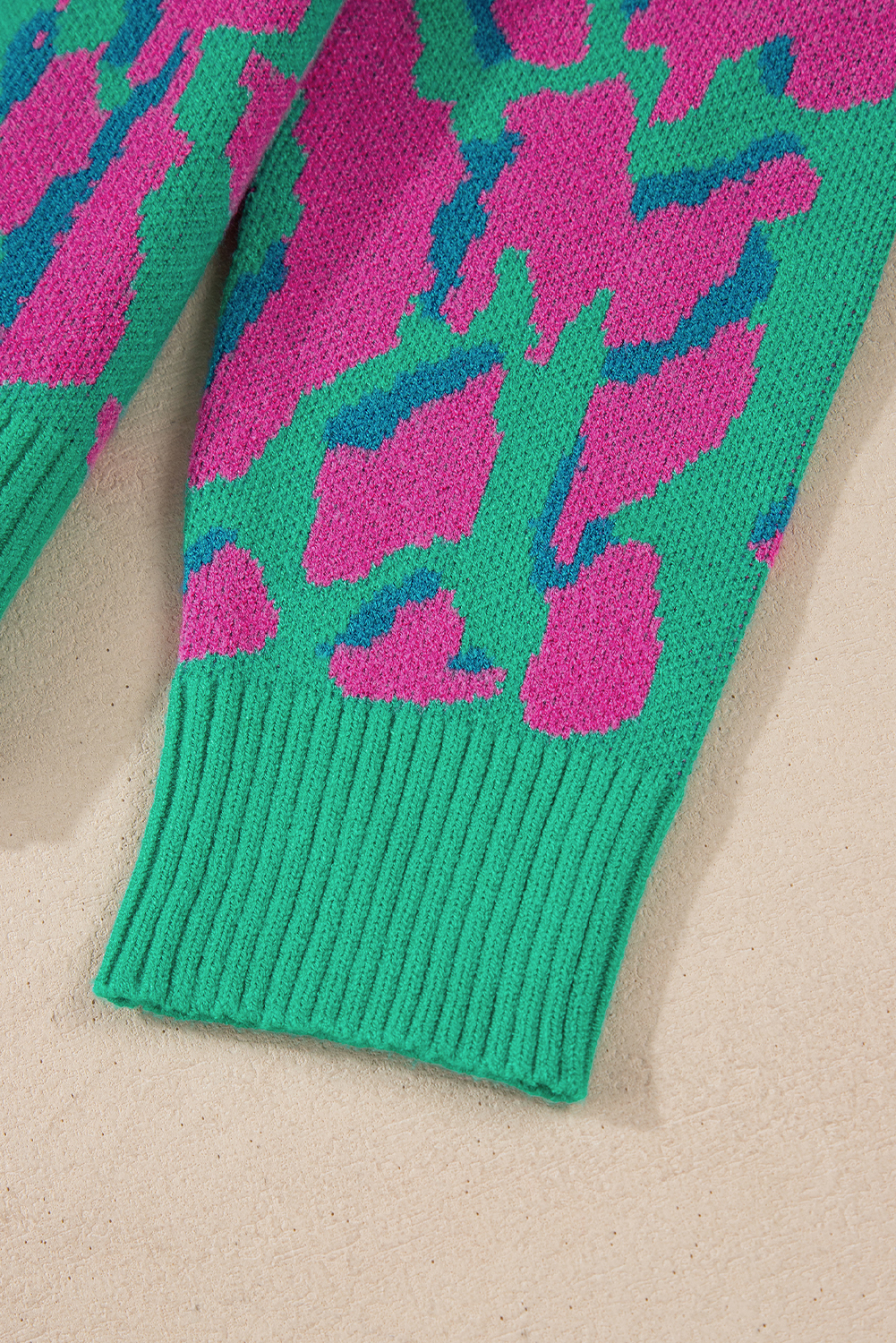 Green Abstract Print Ribbed Trim Baggy Sweater - loveforevers
