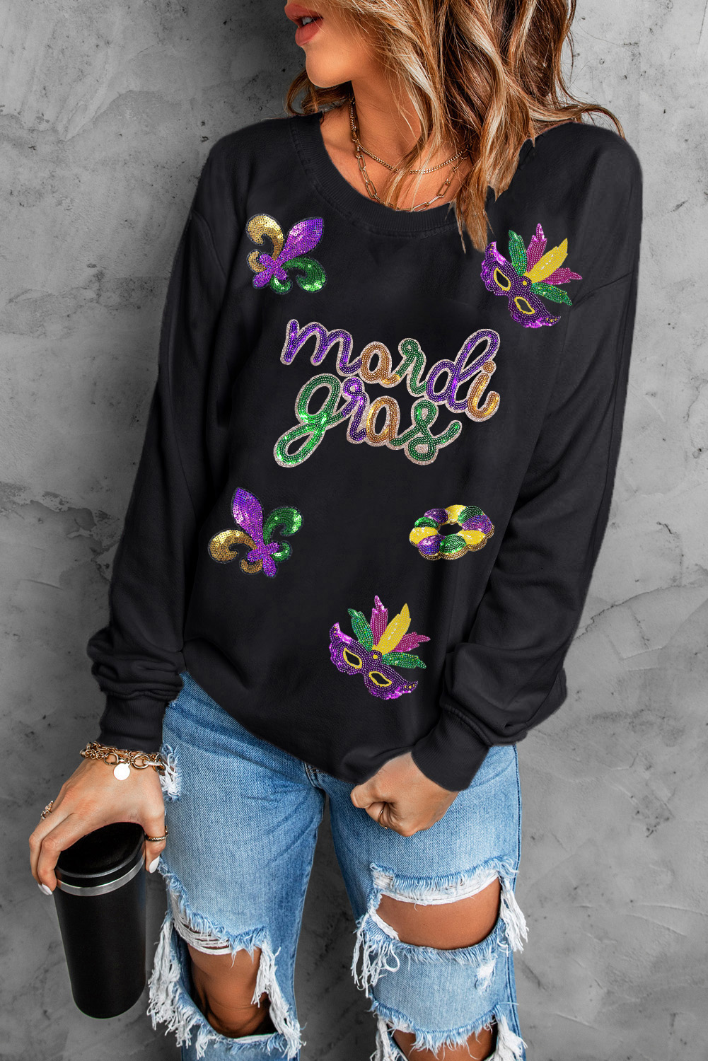 Black Sequin mardi gras Fleur de Lis Graphic Pullover Sweatshirt - loveforevers