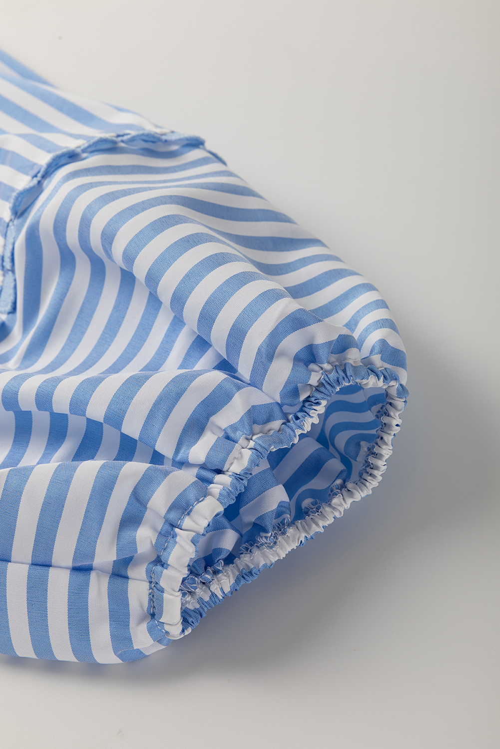 Sky Blue Stripe Shirt Collar V Neck Ricrac Trim 3/4 Puff Sleeve Blouse - loveforevers
