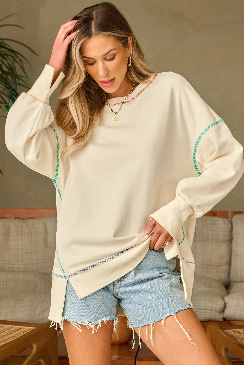 Contrast Stitching Split Baggy Sweatshirt - loveforevers