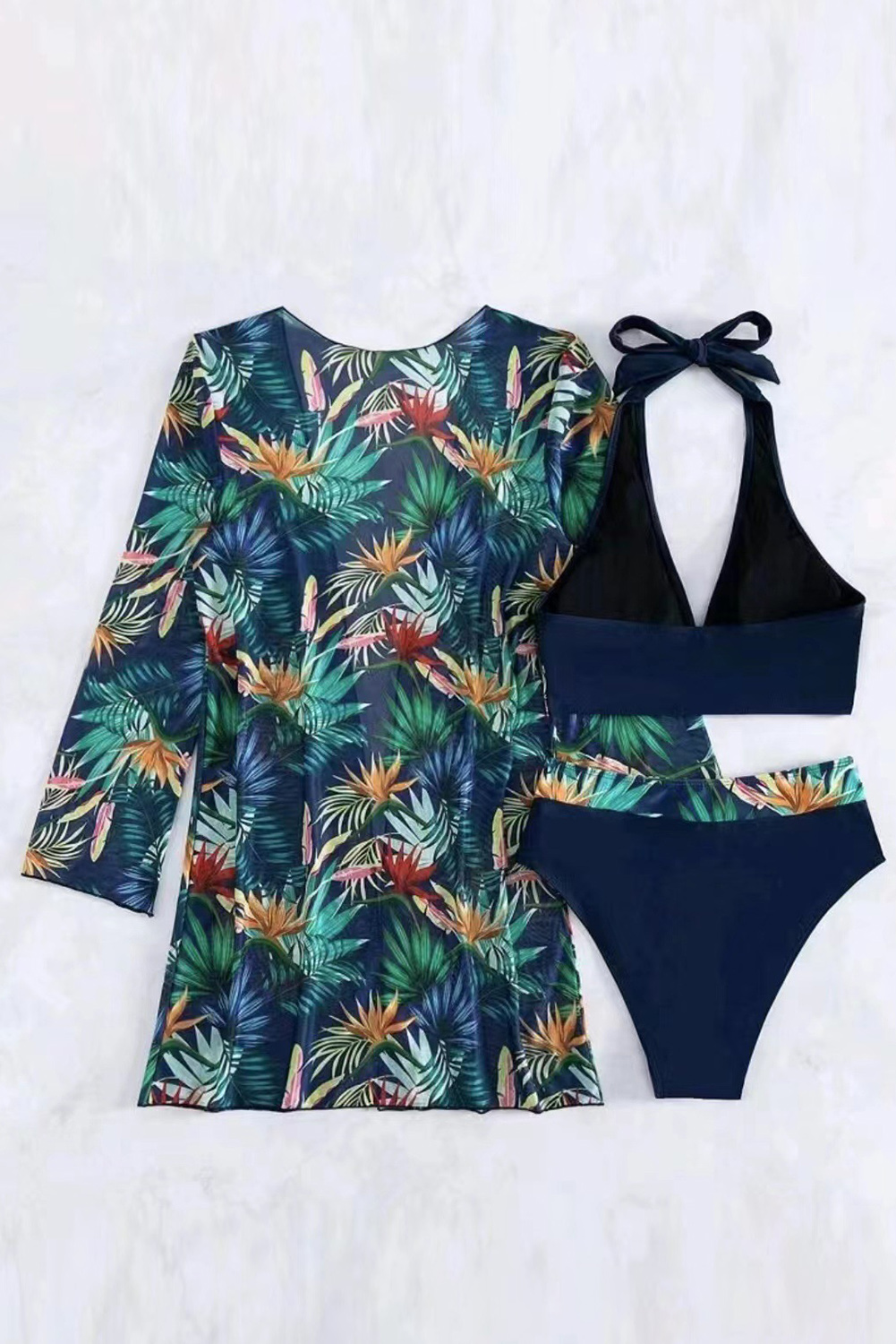 Black 3pcs Tropical Contrast Trim Halter Bikini Set with Cover up - loveforevers