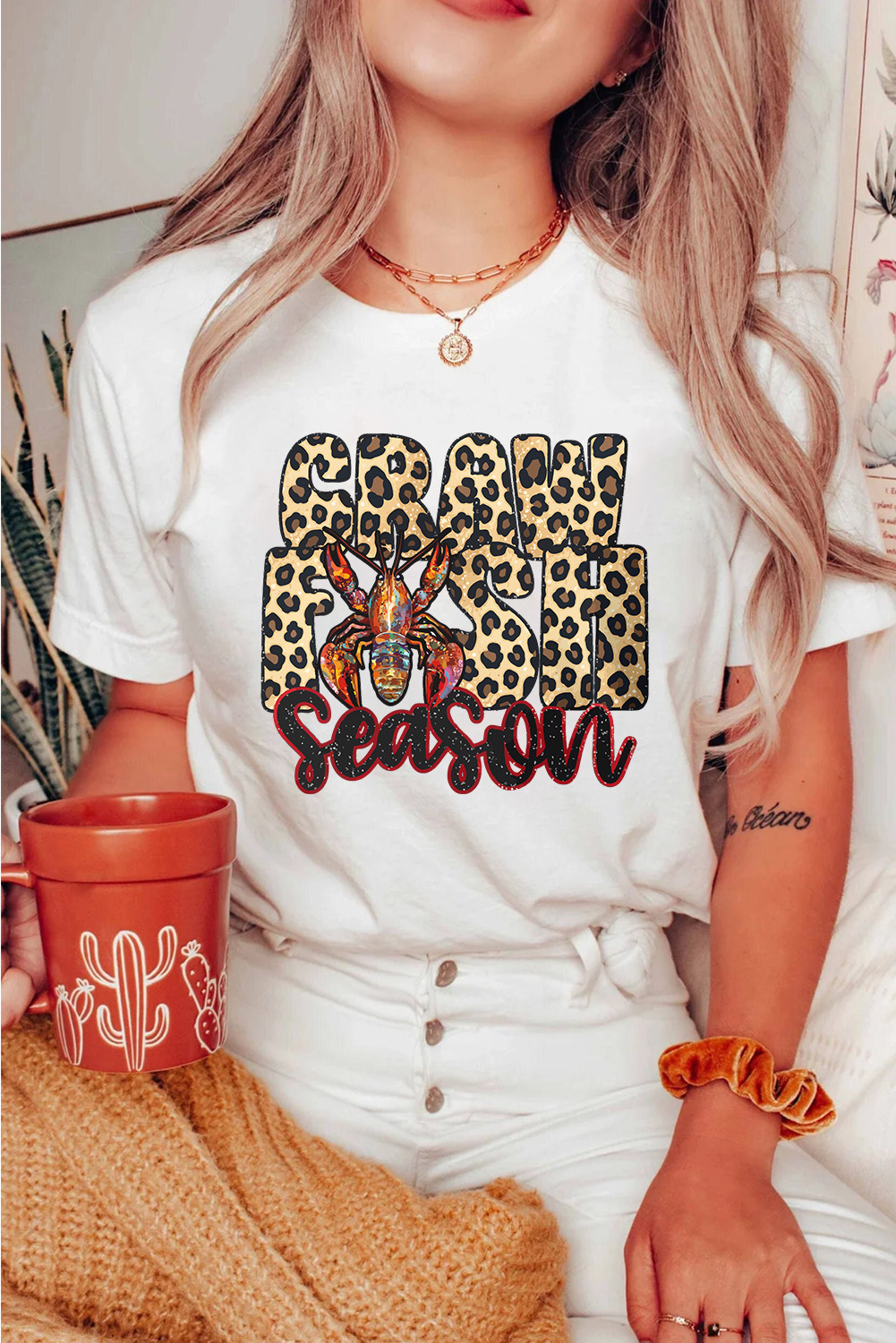White Crawfish Season Leopard Letter Graphic Tee - loveforevers