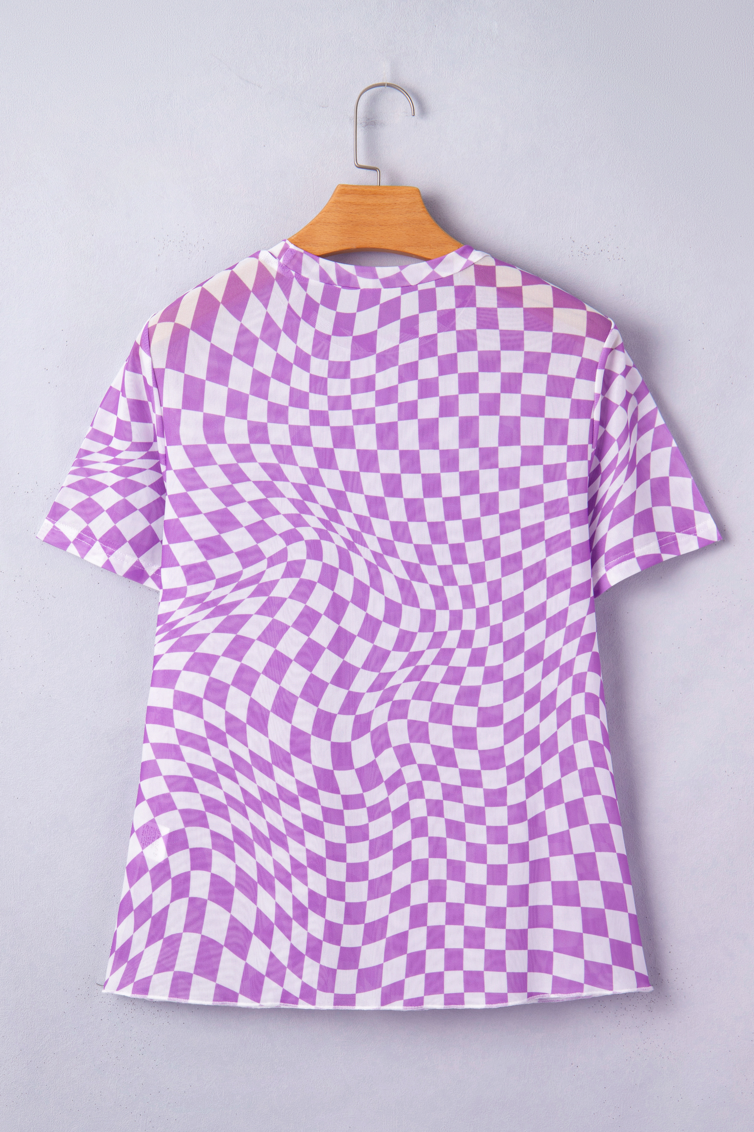 Purple Checkered Print Mock Neck Mesh T Shirt - loveforevers