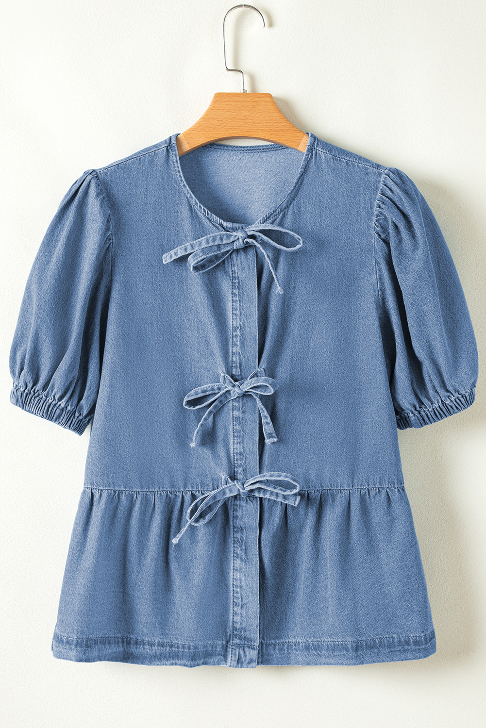 Dusk Blue Tied Front Bubble Sleeve Peplum Denim Shirt - loveforevers