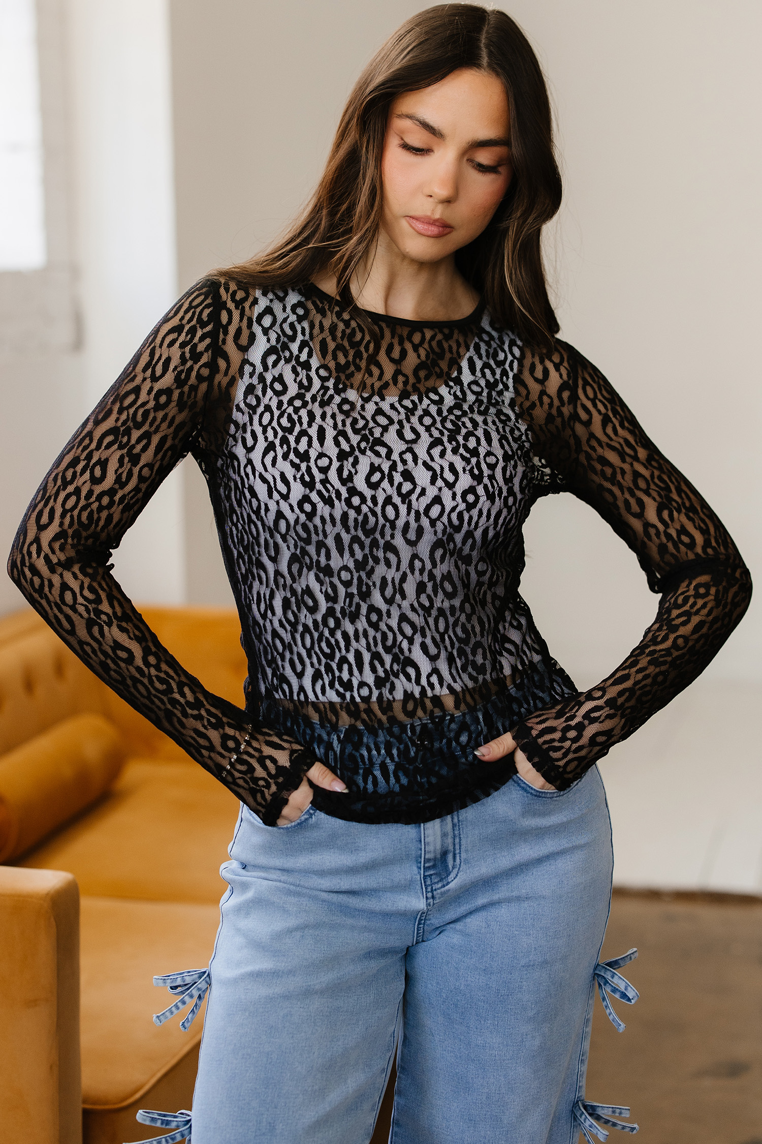 Black Leopard Pattern Sheer Mesh Long Sleeve Top - loveforevers