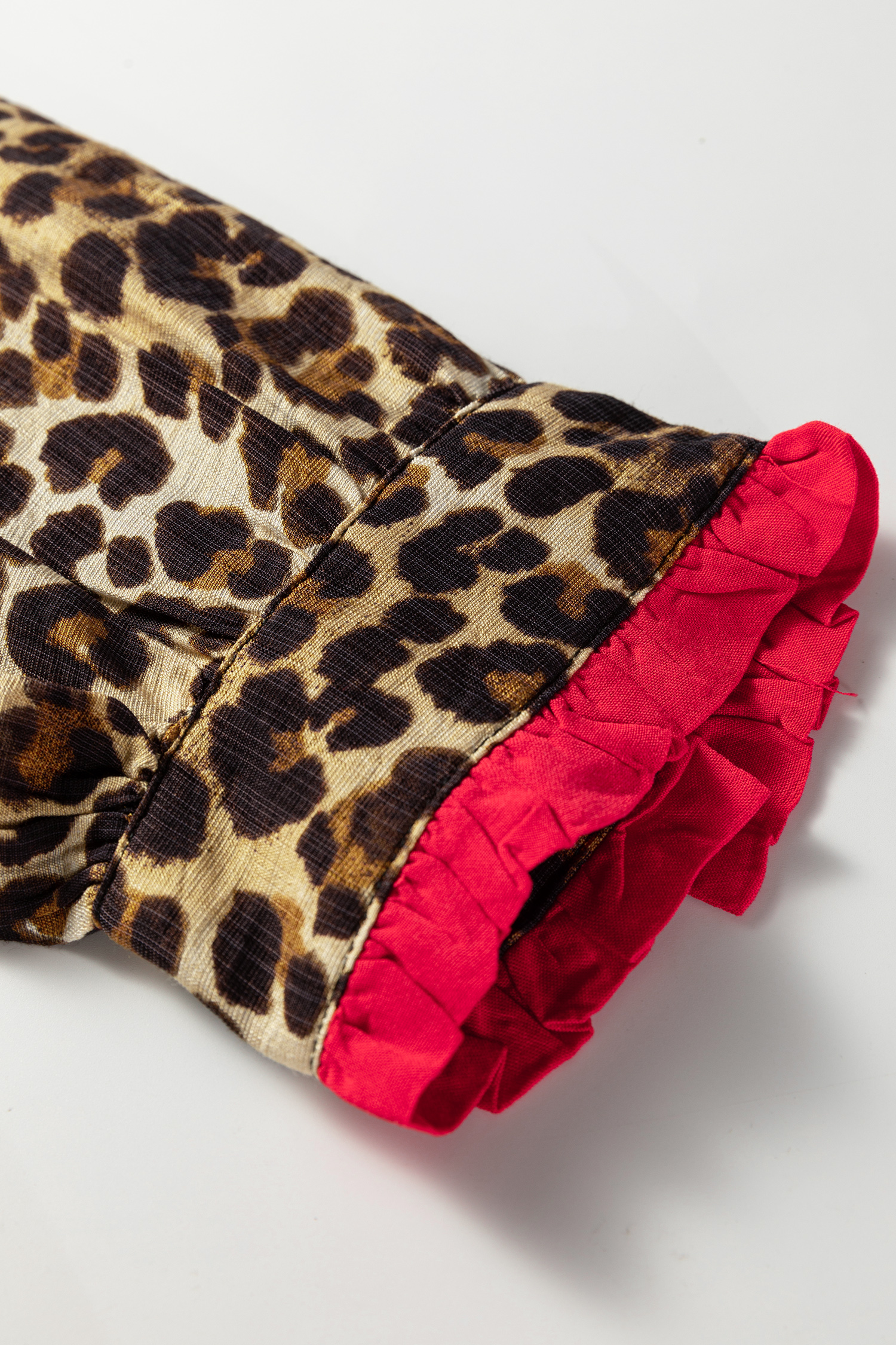 Brown Fierce Leopard Allure Contrast Ruffle Trim V Neck Shirt - loveforevers