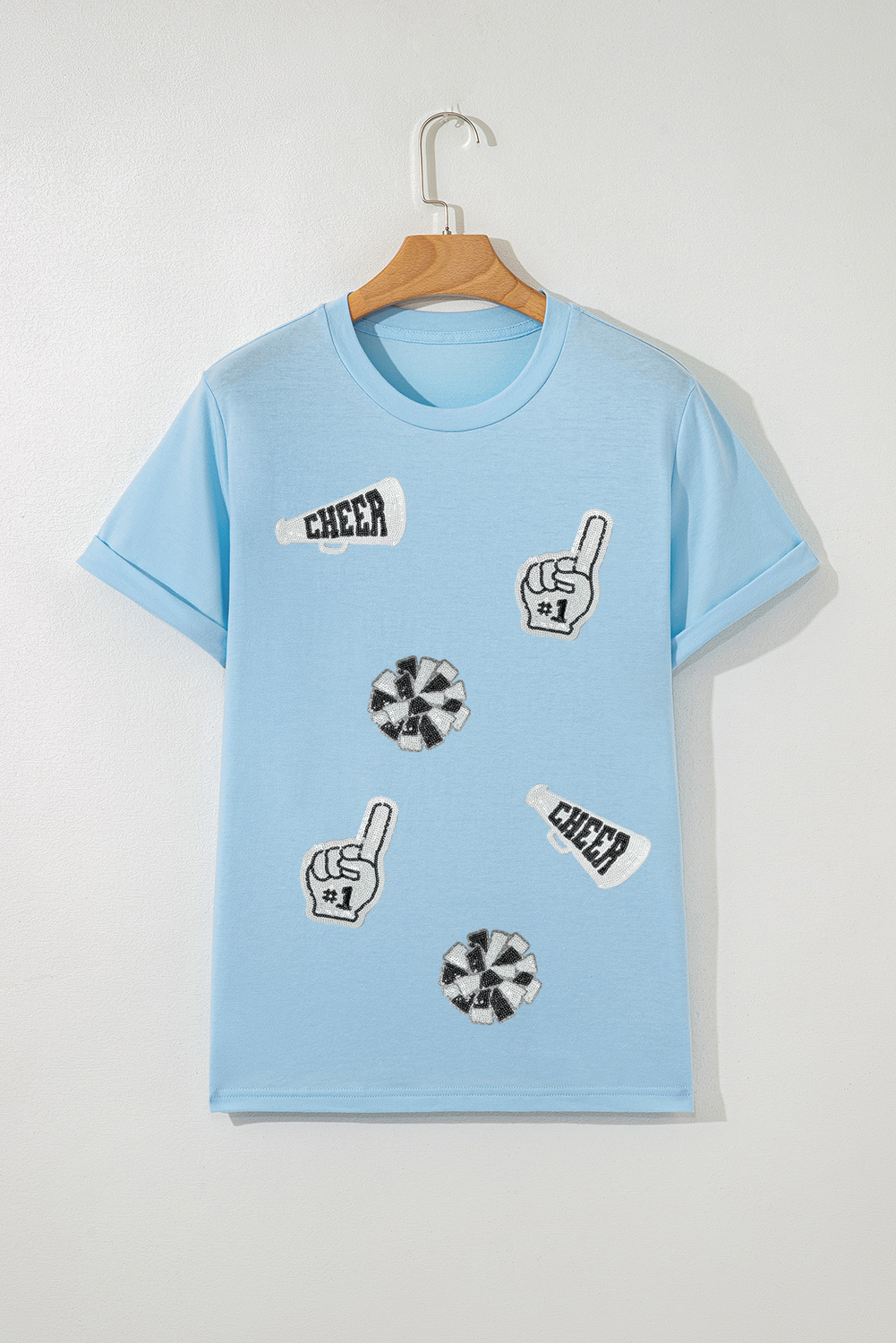 Light Blue Cheer Game Day Element Sequin Patched T Shirt - loveforevers