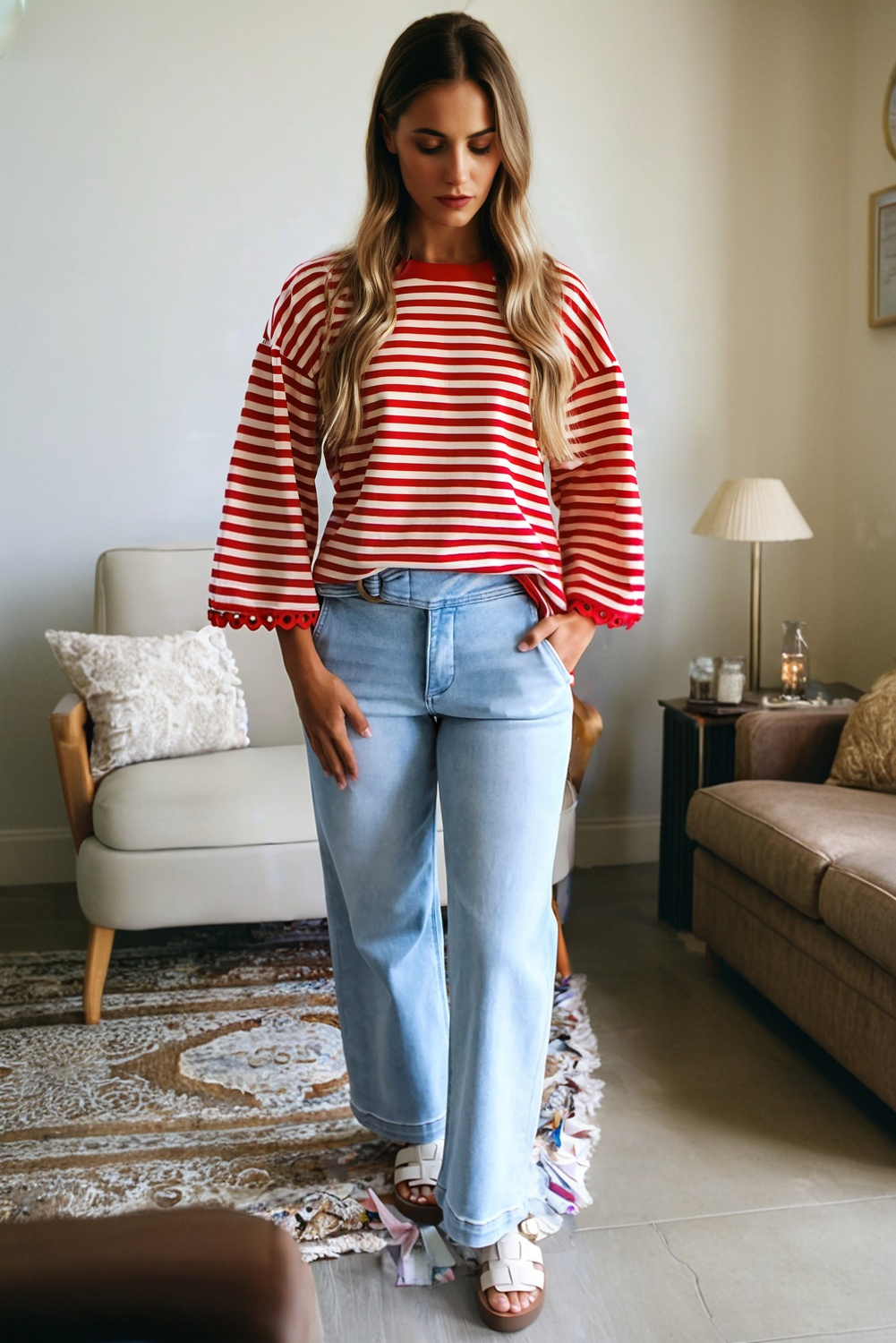 Racing Red Striped Print Drop Shoulder Lace Trim Bracelet Sleeve Loose Top - loveforevers