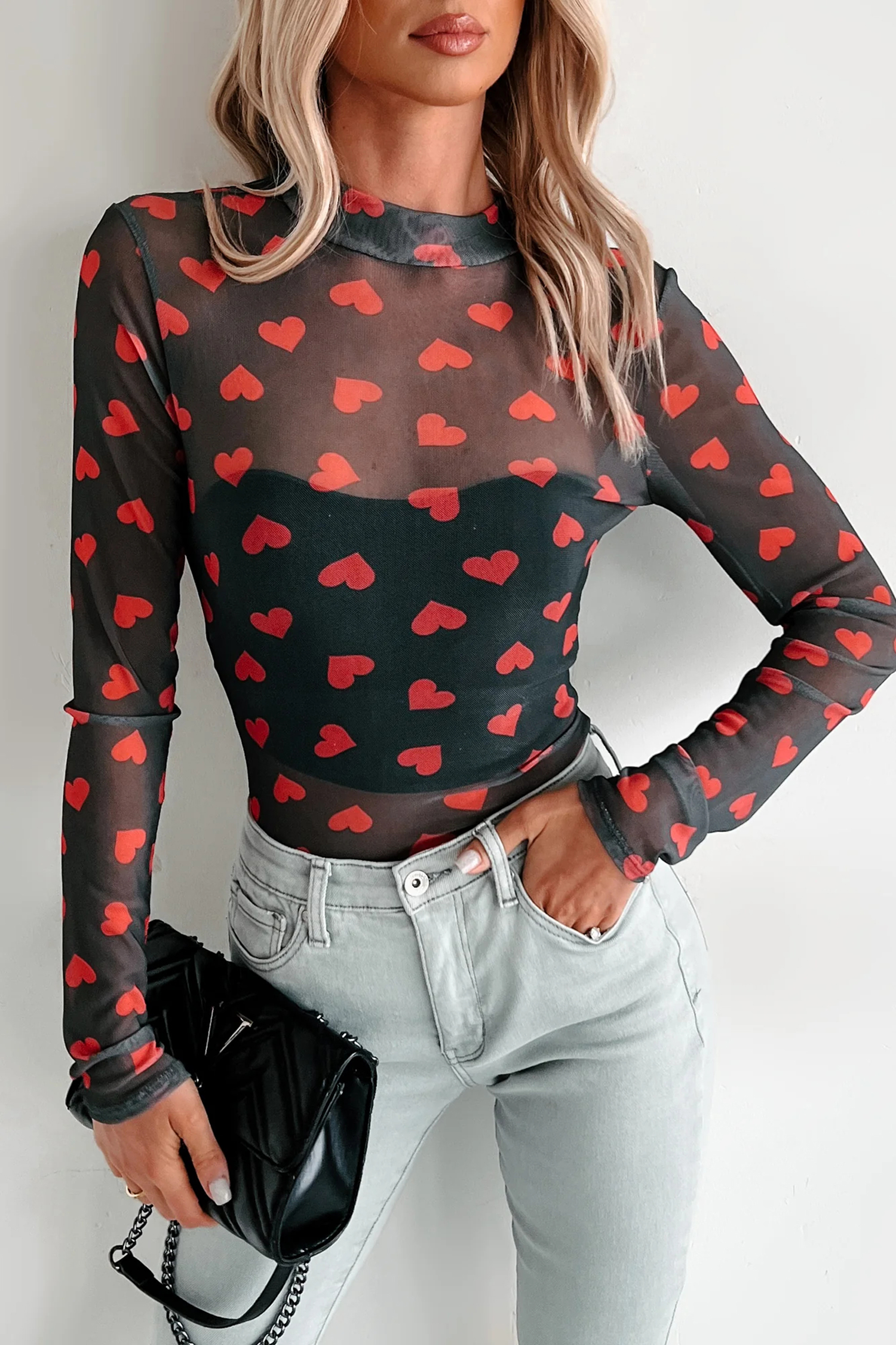 Black Valentines Heart Printed Sheer Mesh Long Sleeve Top - loveforevers