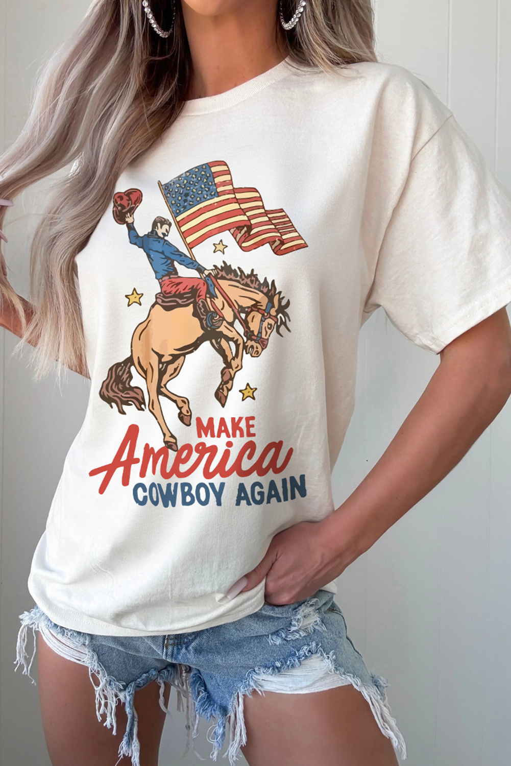 White MAKE AMERICA COWBOY AGAIN Graphic Crewneck Tee - loveforevers